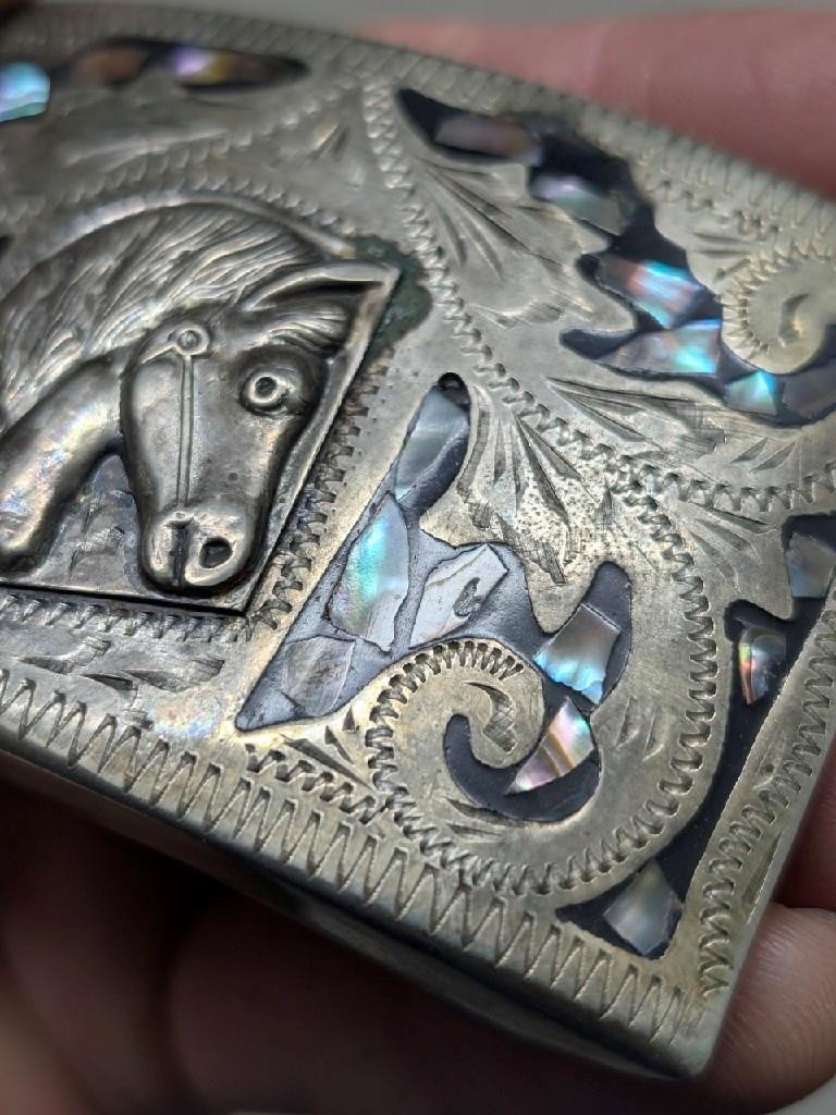 vintage WESTERN buckle belt HANDCRAFTED german silver ALPACA abalone HORSE