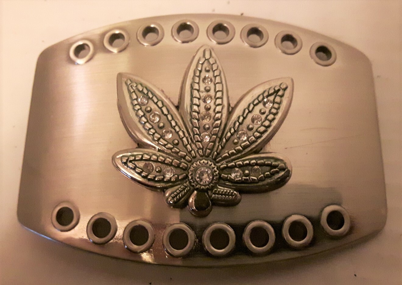 4&Prime; x 3&Prime; Stainless Steel w/Rhinestones Marijuana / Pot Leaf Belt Buckle