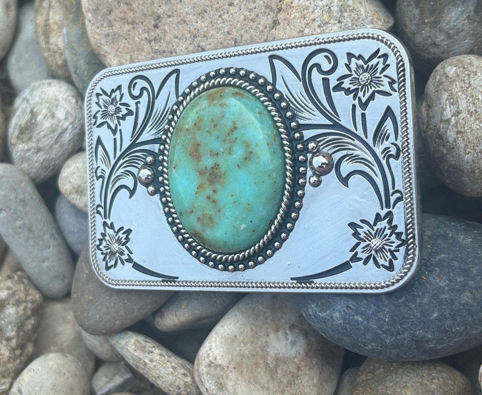 Turquoise Stone Western Belt Buckle Silver Plated Cowgirl Agate 1.5in Snap Fit