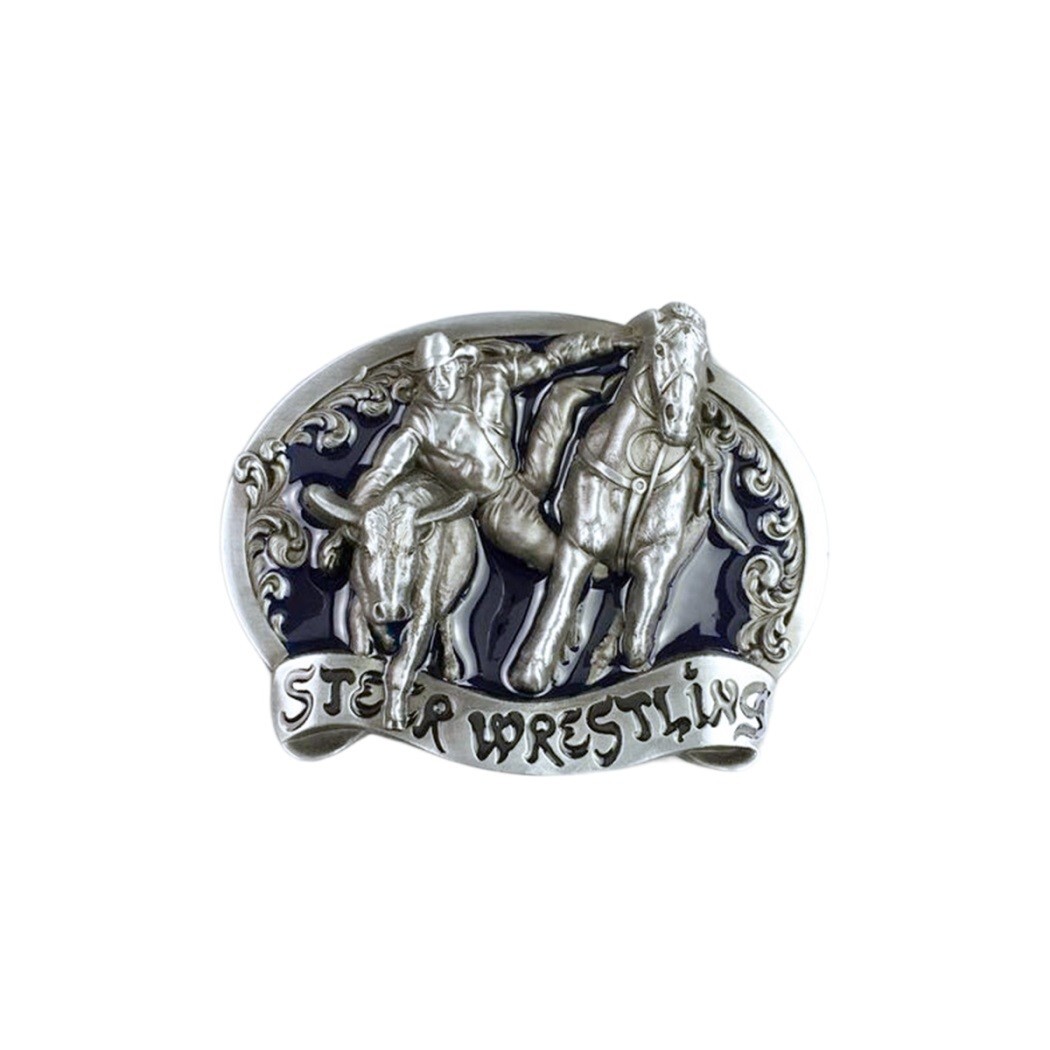 Blue Enamel Rodeo Steer Wrestling Western Belt Buckle Boucle de Ceinture