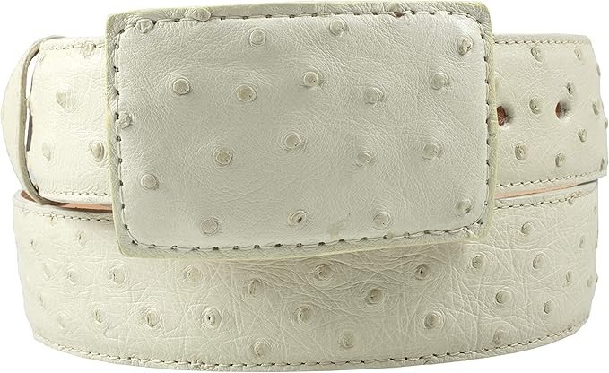 Genuine Exotic Full Quill Ostrich Skin Western Belt with Removable Buckle -White