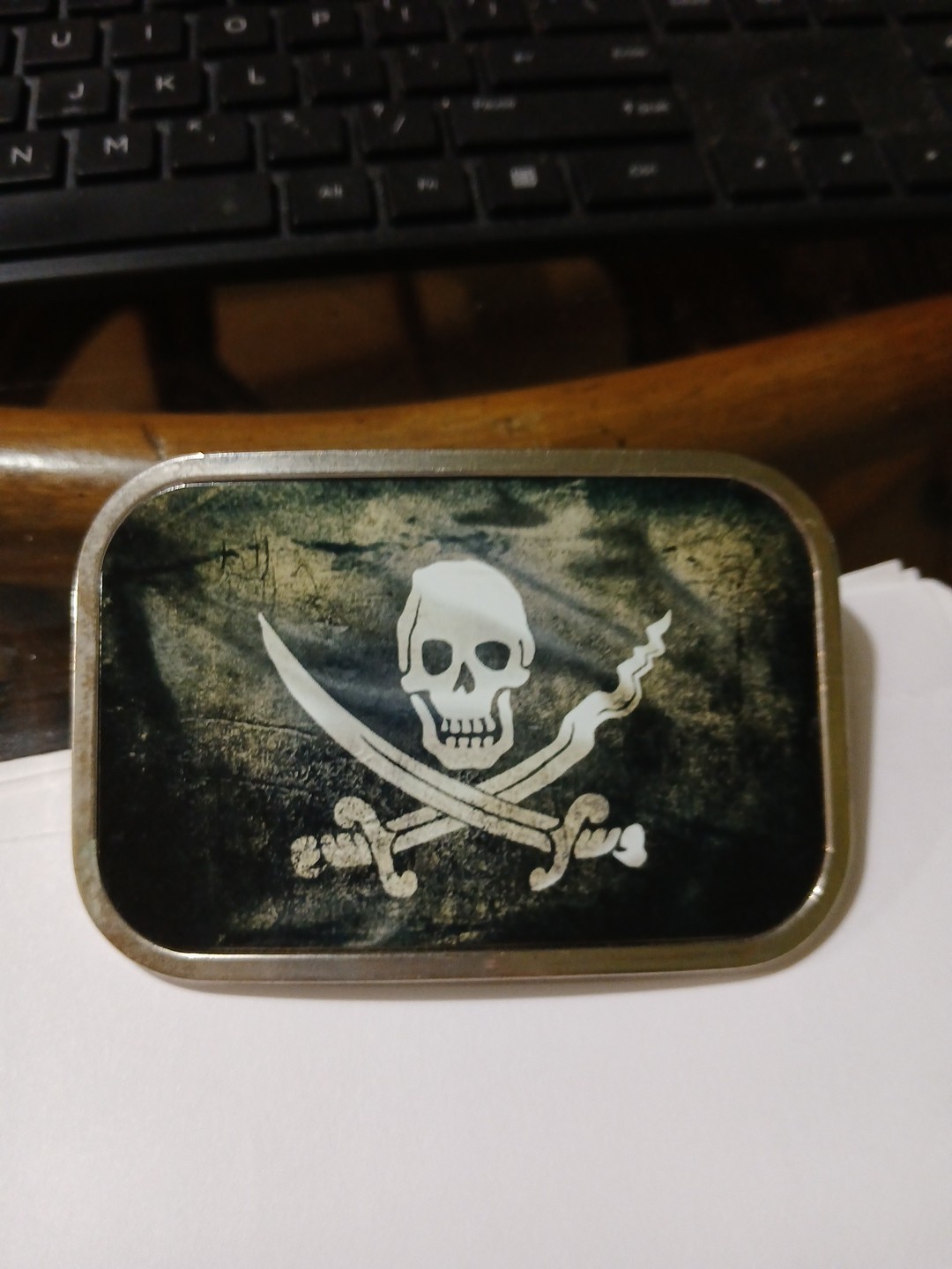 Skull Crossed Swords Belt Buckle Black White 2 1/2 X 4 Silver