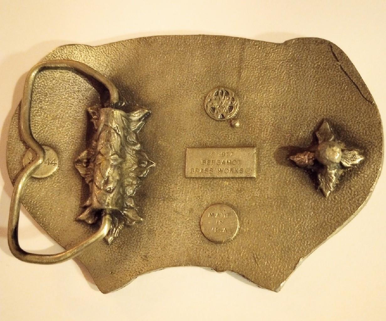 Vintage Brass Belt Buckle Bergamot Deer Antler Frame with Bounding Deer Scene