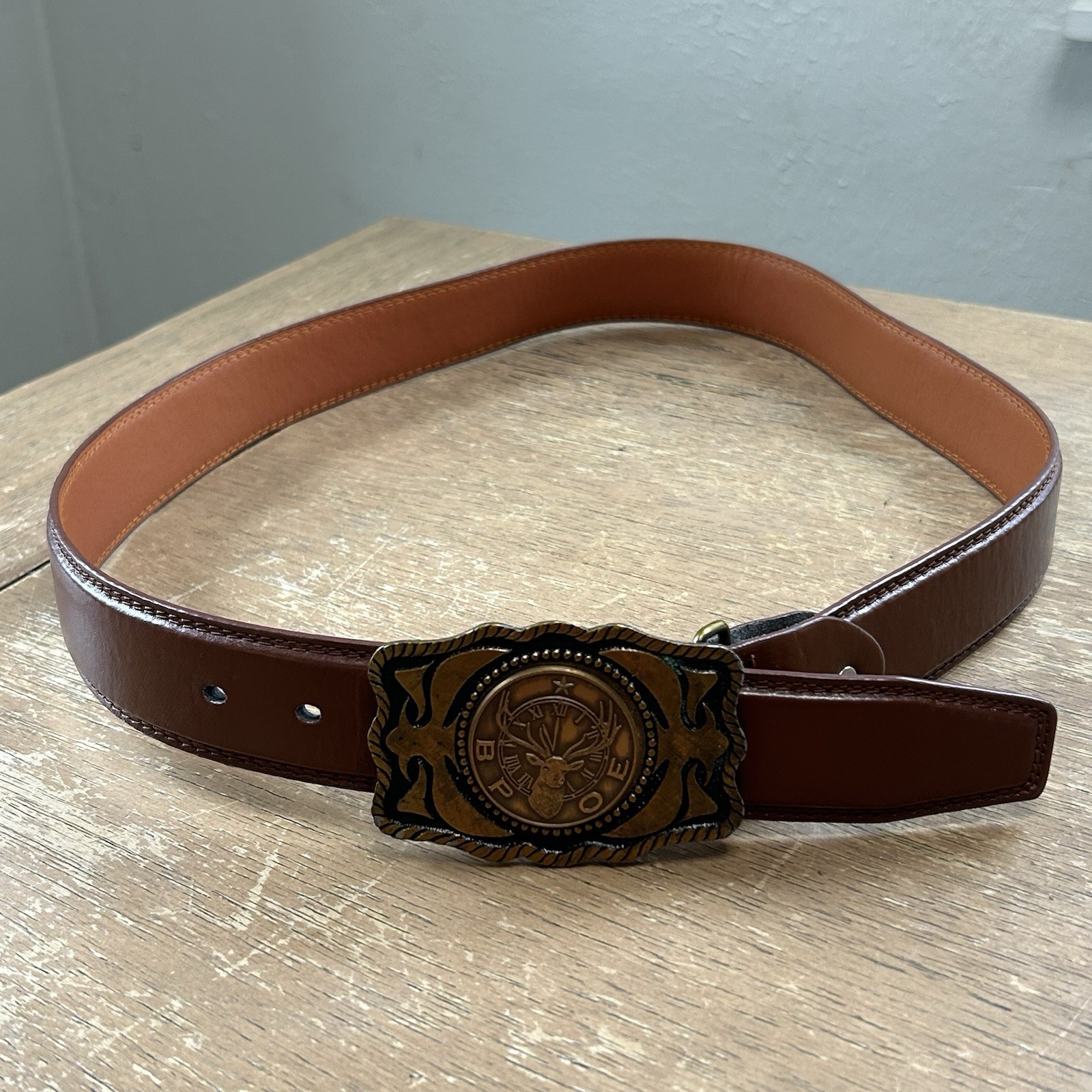 Brass BPOE ELKS Belt Buckle w/ Brown Leather Belt Size 34-36 Fraternal Order