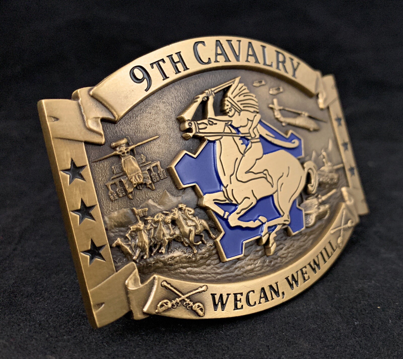 🌟 US Army 9th Cavalry Brass Belt Buckle, We Can We Will Unit Crest DUI Insignia