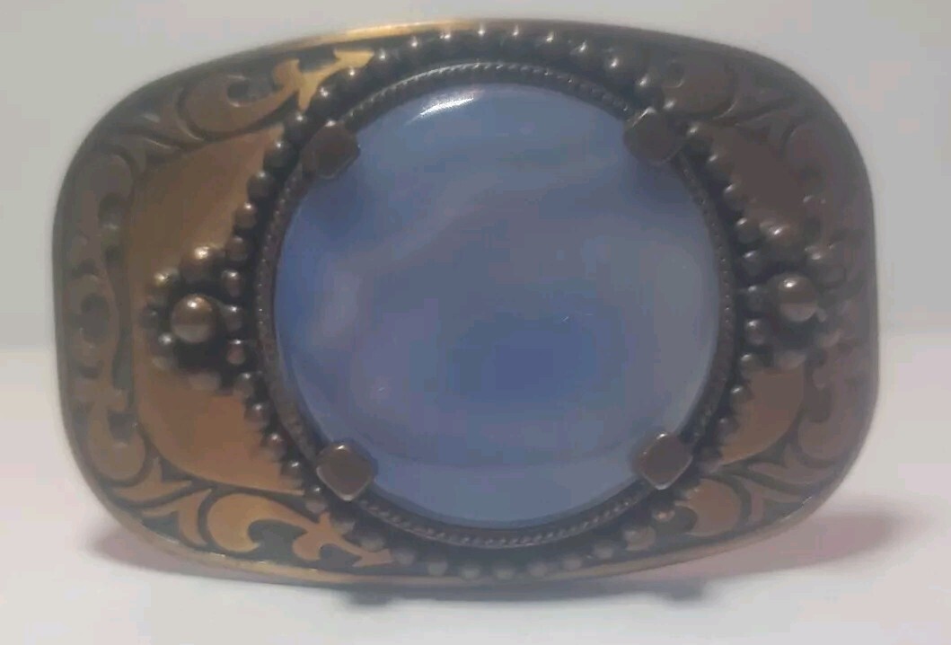 Vintage Embossed Western Style cowboy Belt Buckle with Blue/white Polished Stone