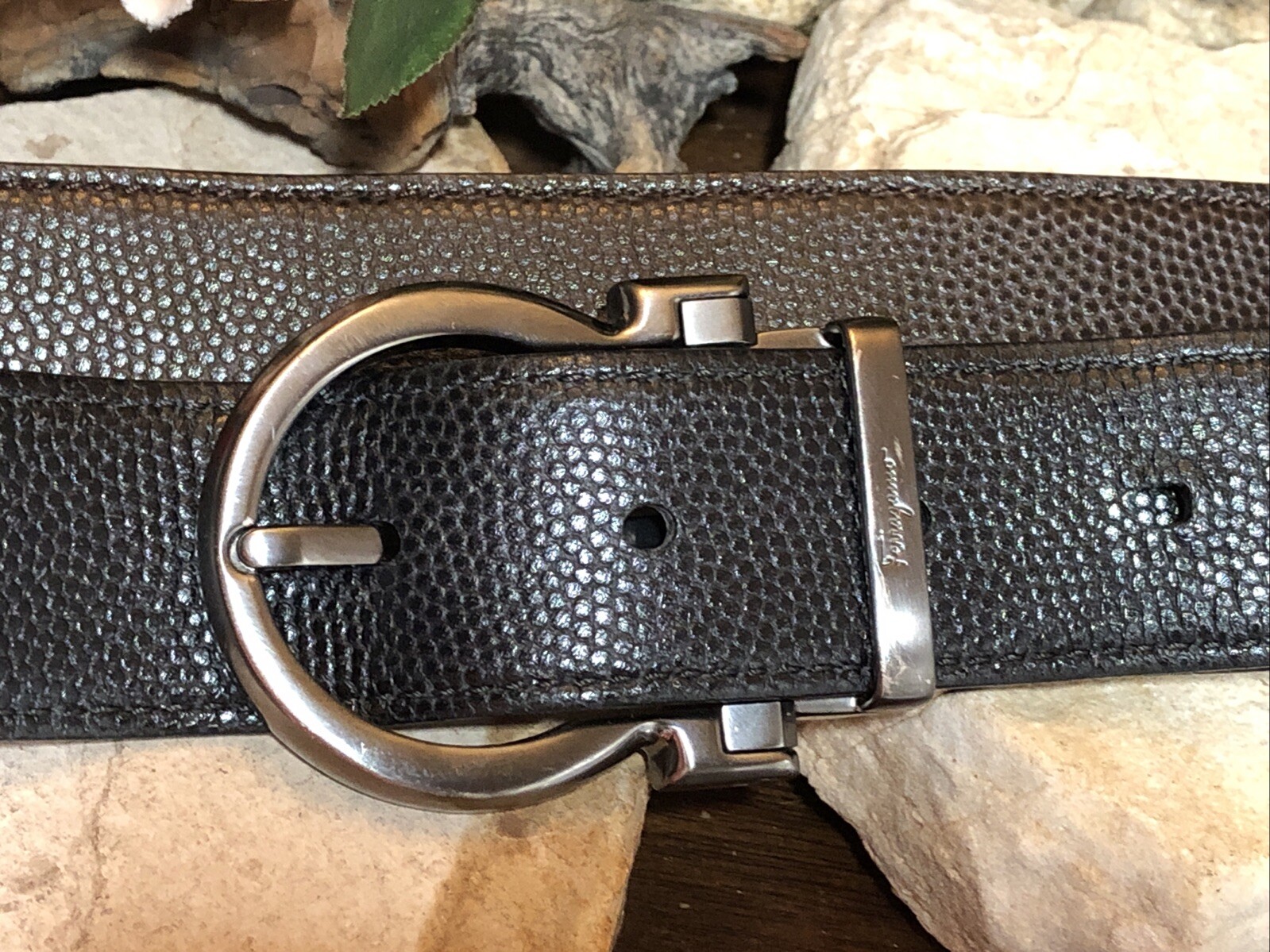 Salvatore Ferragamo Gun Metal tone Buckle black Brown leather removable belt