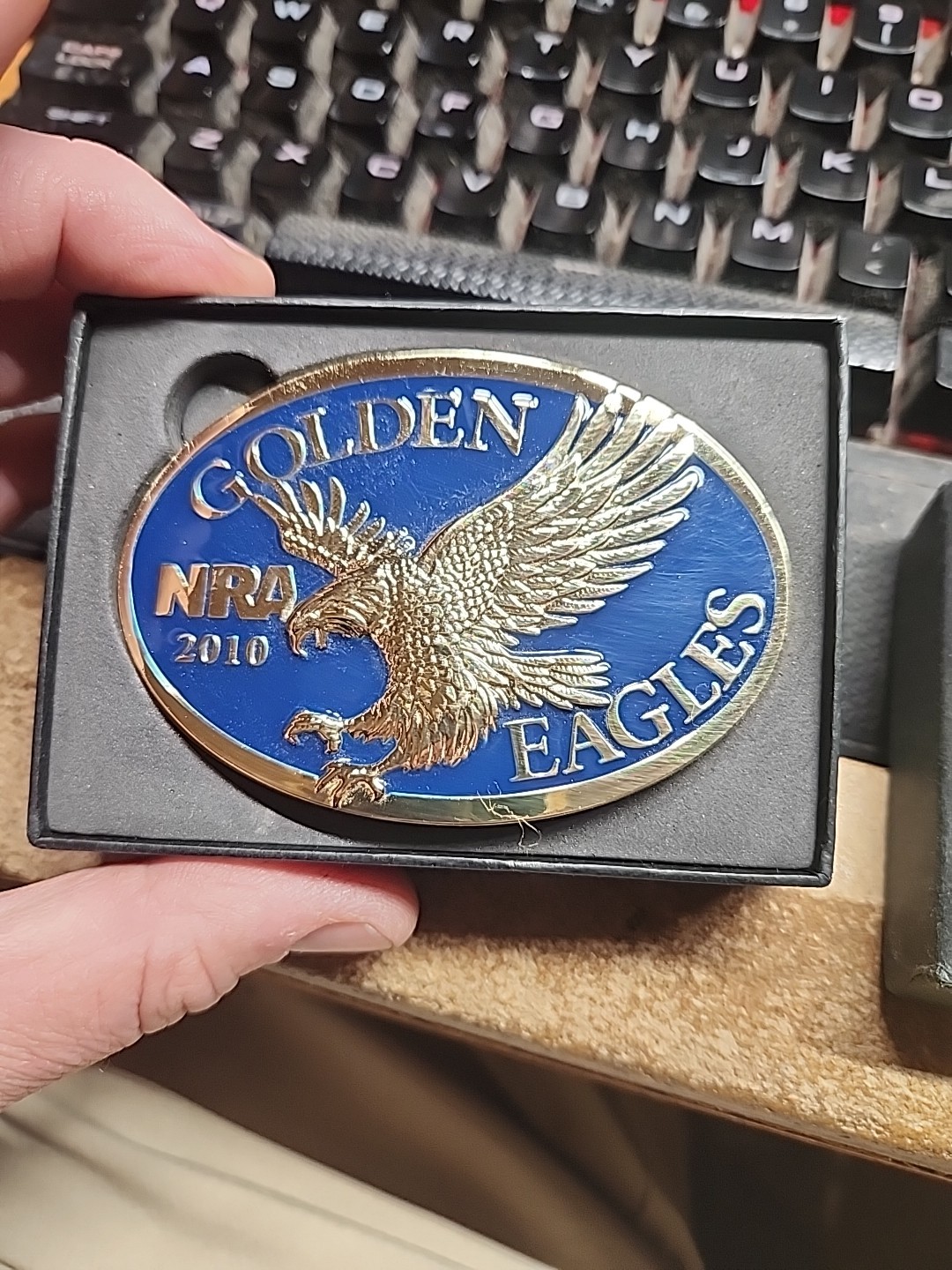 2010 NRA Golden Eagles Belt Buckle – Blue Inlay New in Original Box