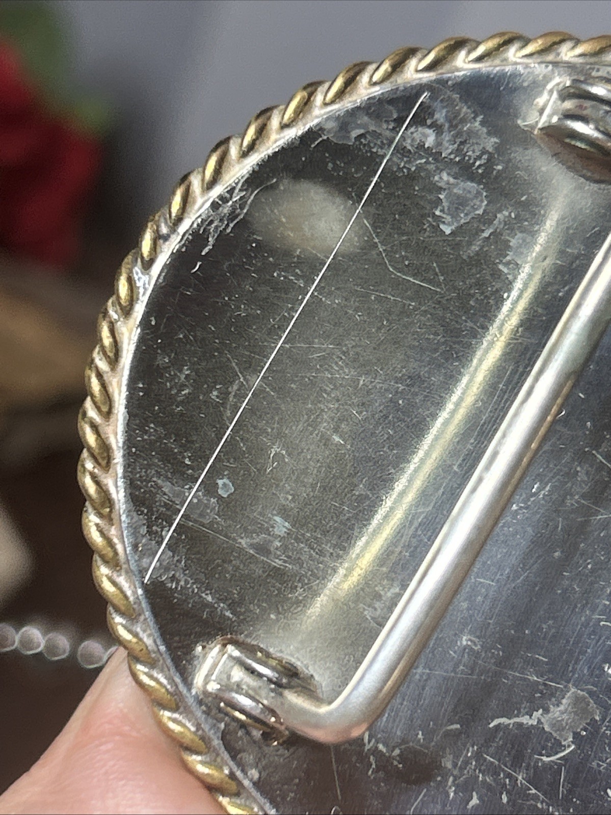 57. Vintage 925 Hand Engraved STAR Swirl Brass Rope Framed Oval Buckle 50.4g