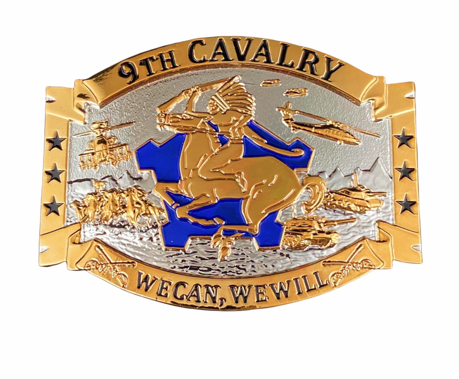 🌟US Army 9th Cavalry Unit Crest DUI Insignia, Silver & Gold Tone Belt Buckle