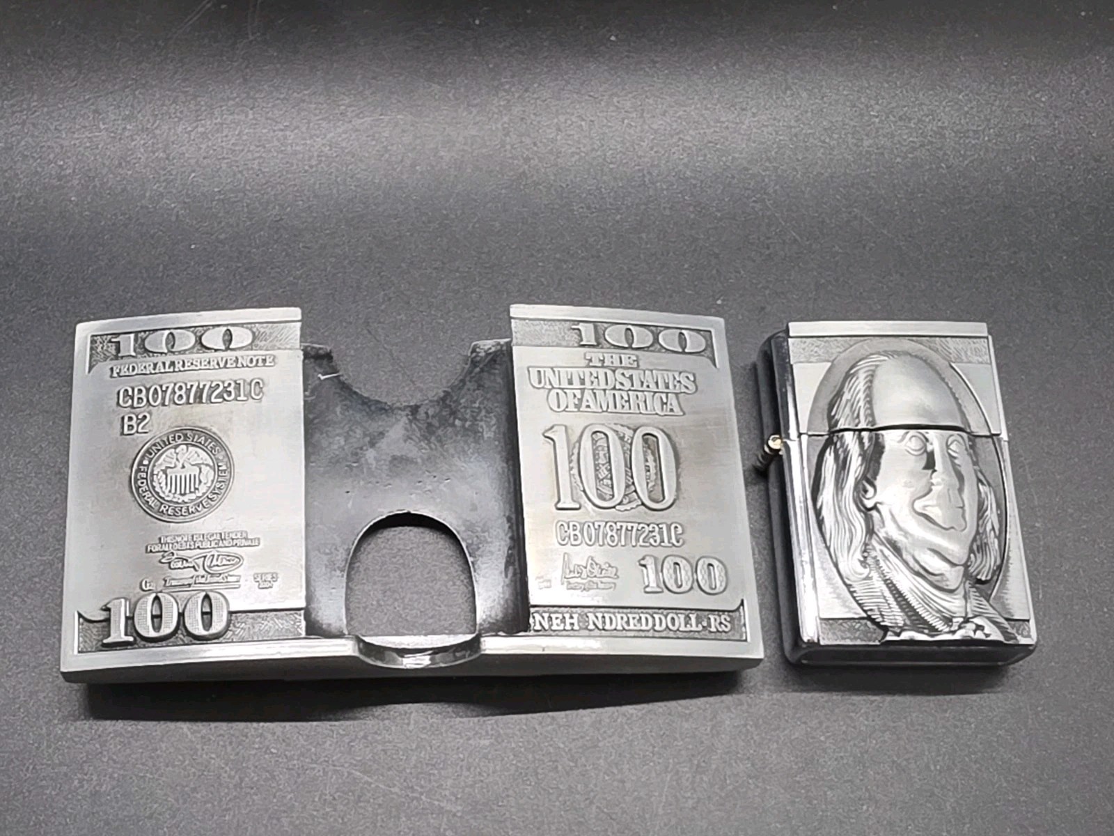 $100 Bill Benjamin Franklin Belt Buckle Combo With Hidden Flip Top Lighter New