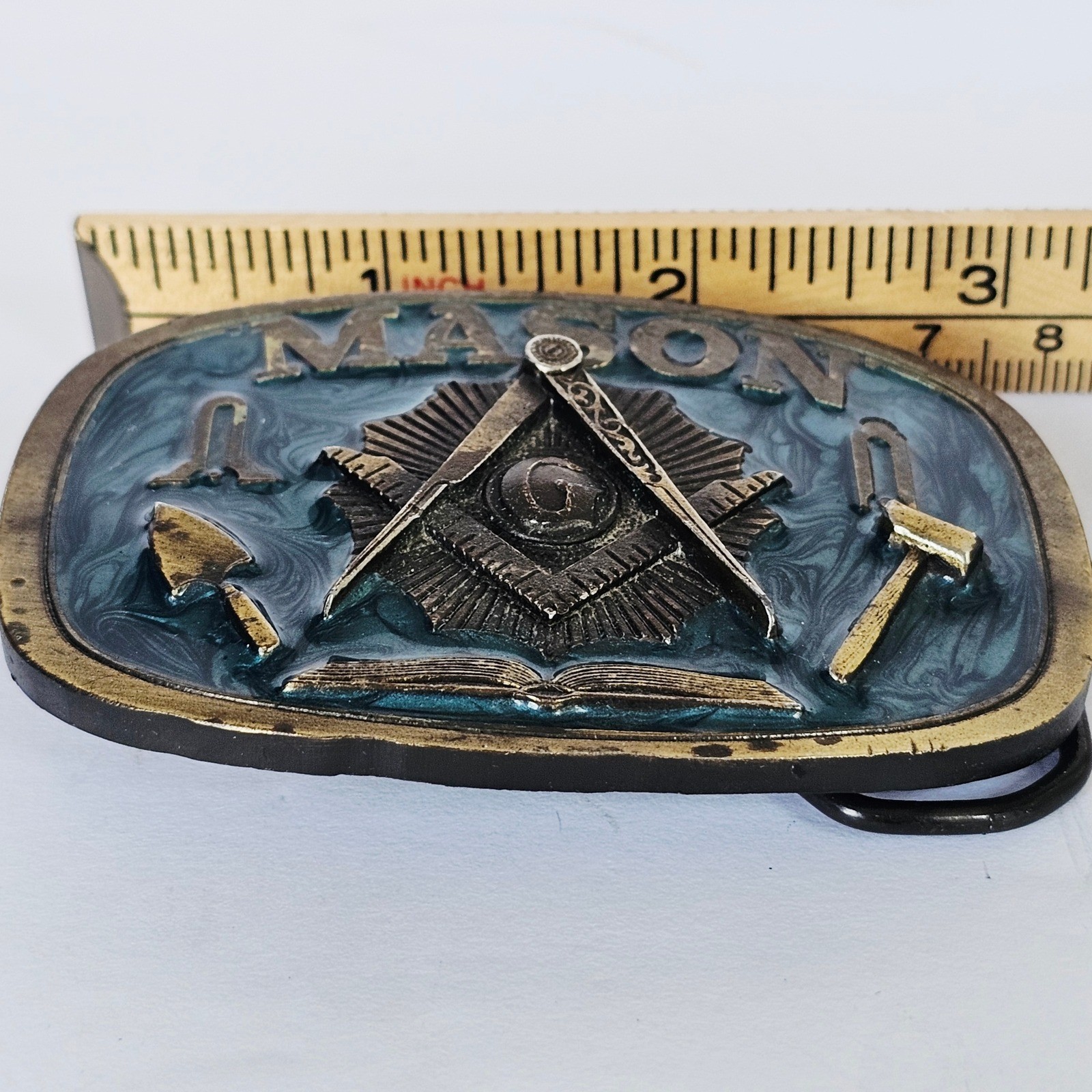 1986 The Great American Buckle Co Mason Belt Buckle Teal Enamel Masonic G USA