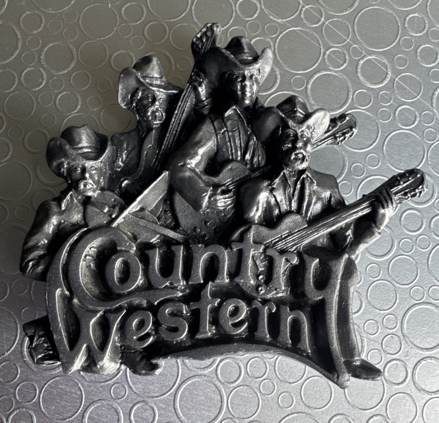 Vintage 1981 Bergamot Brass Works Country Western Band Pewter Belt Buckle T-96