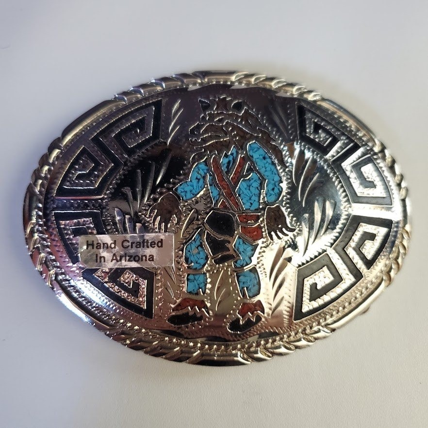 Handcrafted Arizona Faux Turquoise Chip Inlay Wolf Belt Buckle Silver Tone