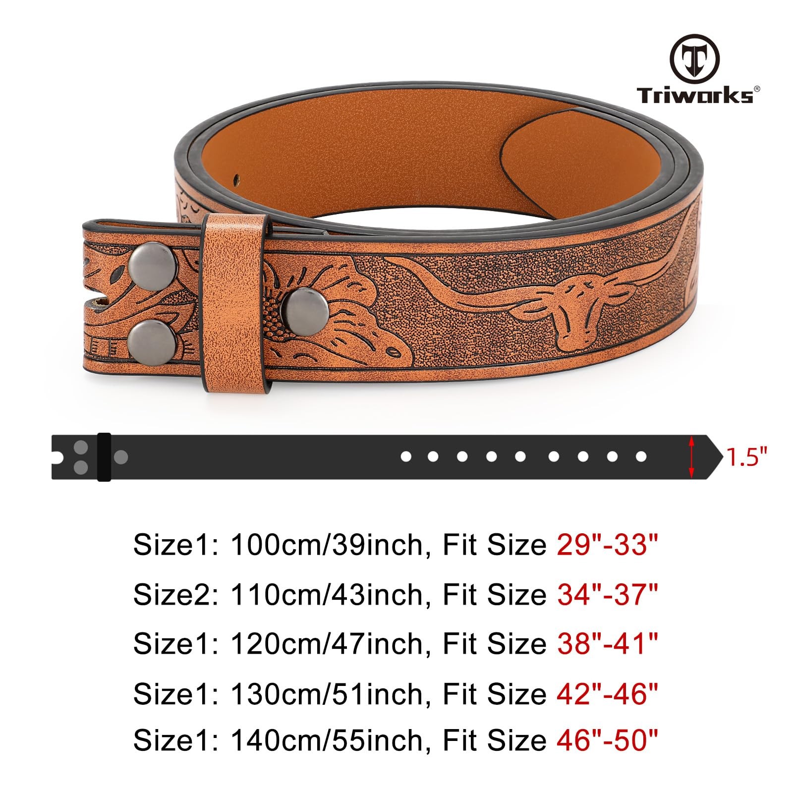 TRIWORKS Western Belts for Men without Buckle Cowboy Fit Size 46&Prime;-50&Prime;, Brown