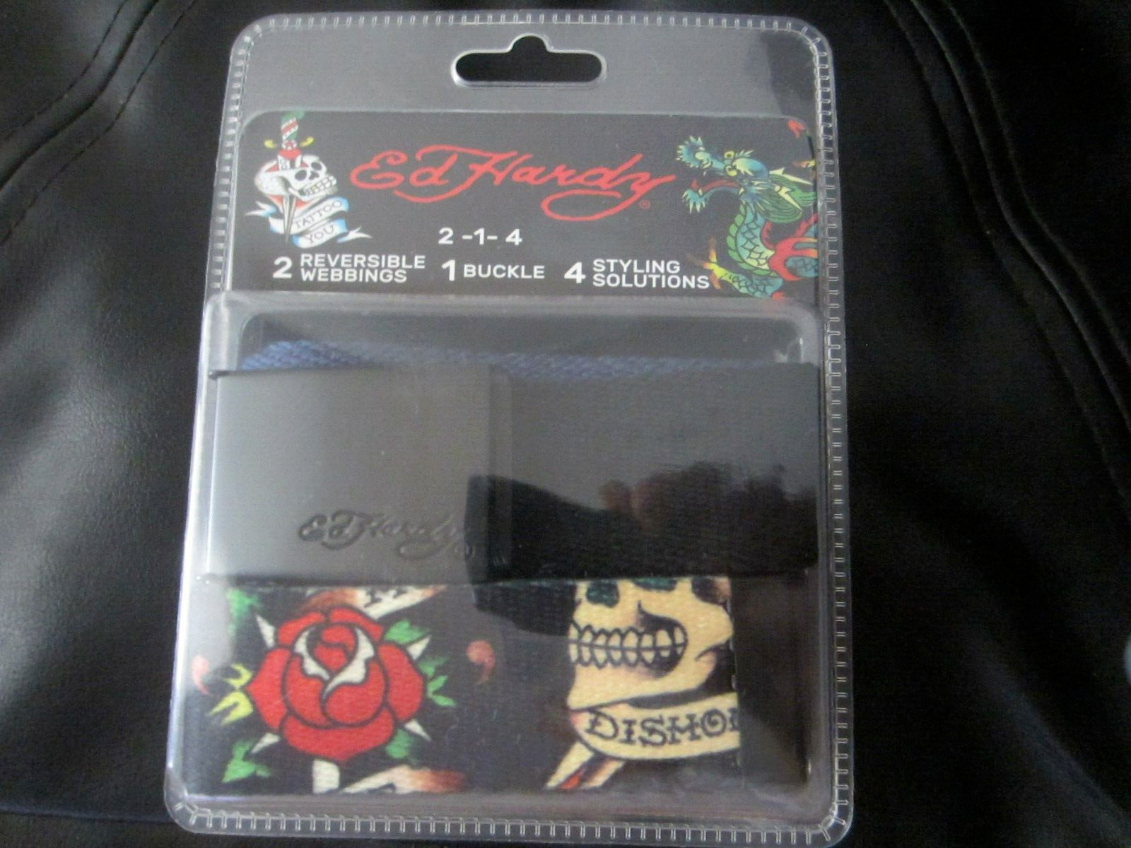 Ed Hardy belt set 1 buckle 2 webbings Black with skull/rose Dark blue #69780 $47