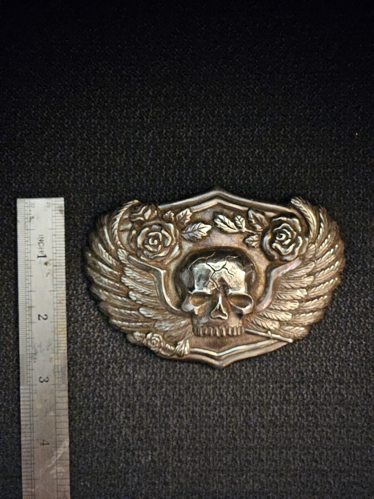 Vintage Silver Skull Belt Buckle With Wings And Roses Biker Gothic
