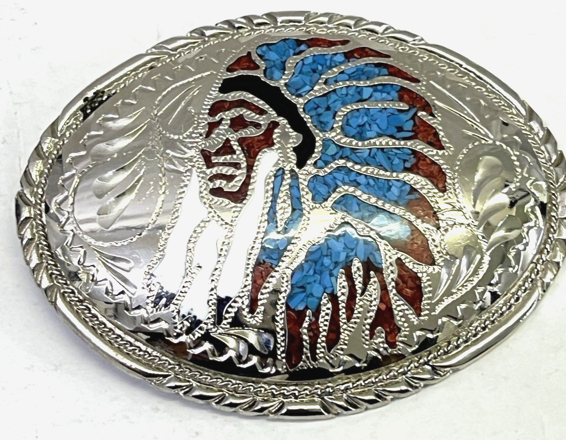 Silver Engraved Inlaid Belt Buckle Indian Chief Head Dress w/Turquoise & Coral