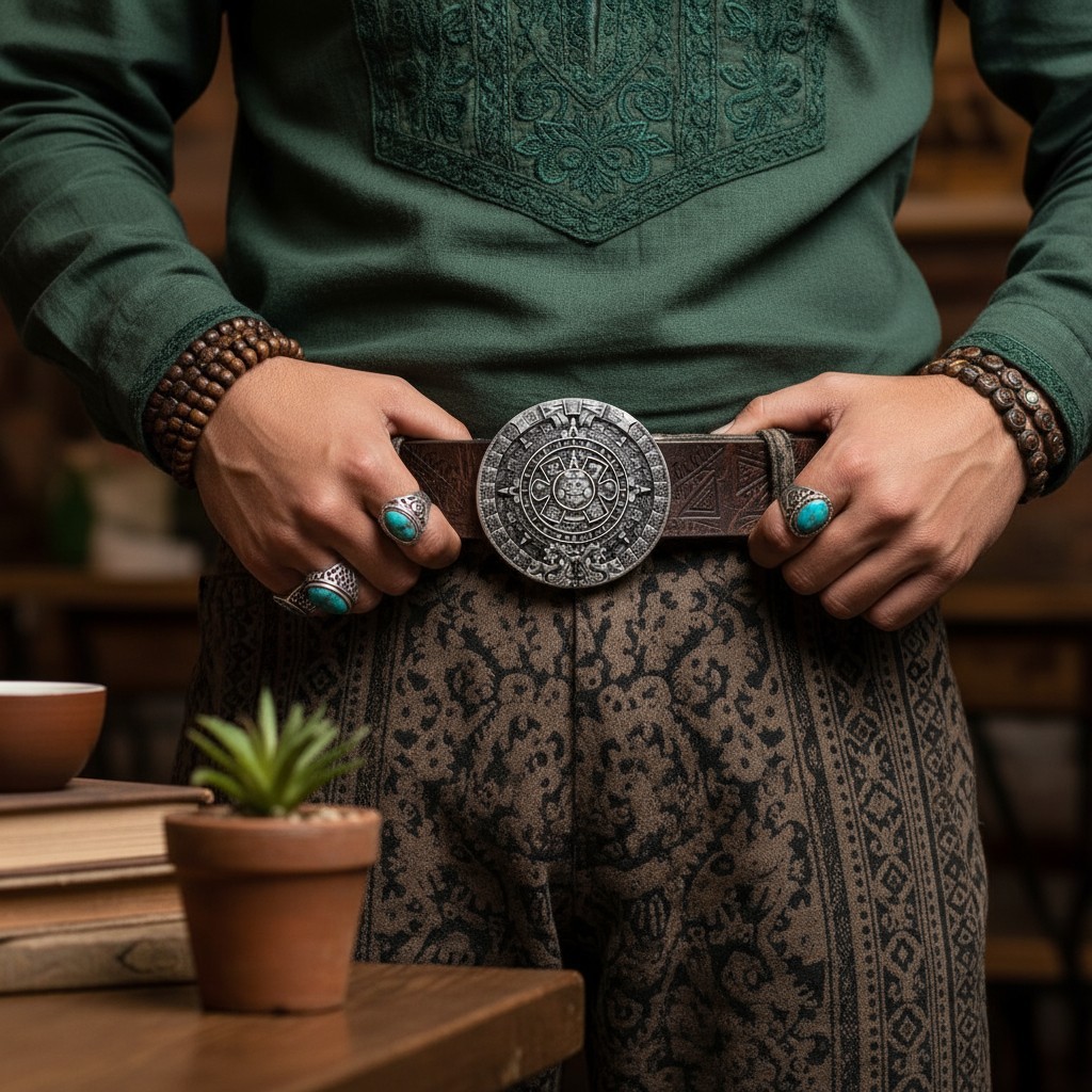 Men Women Casual Belt Buckle Silver Metal Western Fashion Aztec Calendar Mayan