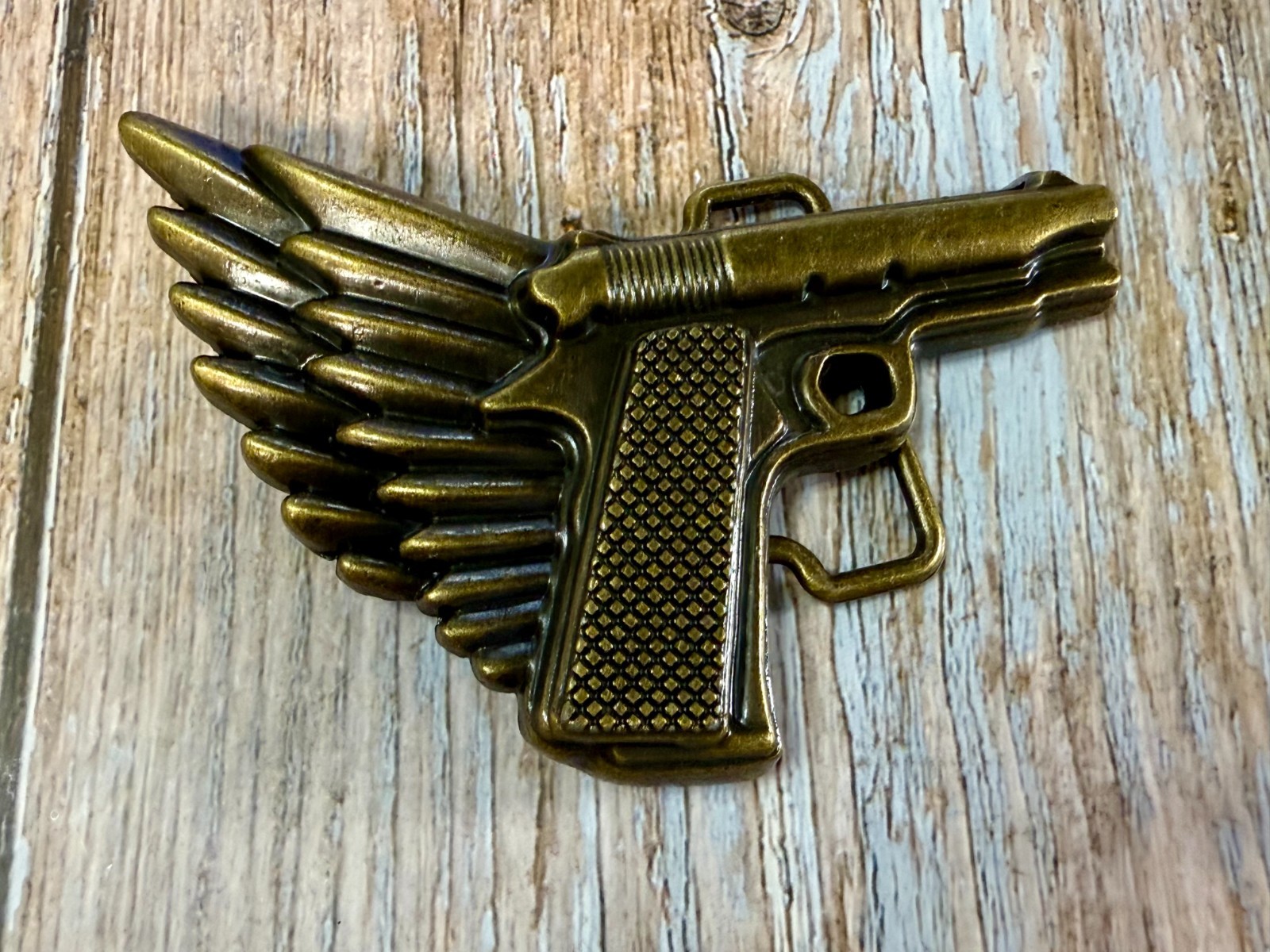 Winged Gun Flying Pistol Handgun Figural Cutout Brass Tone 4&Prime; Wide Belt Buckle