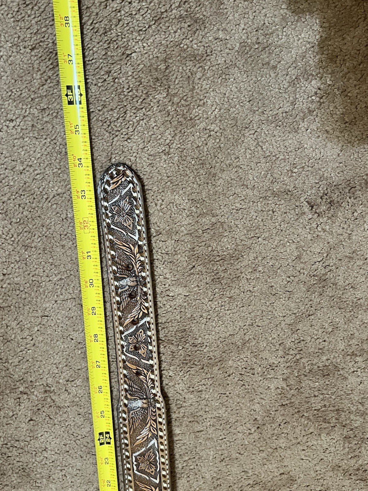 Handmade Patriotic Western Belt 30-Eagles-Brn/White-Lace-Stitches-Buckle-Leather