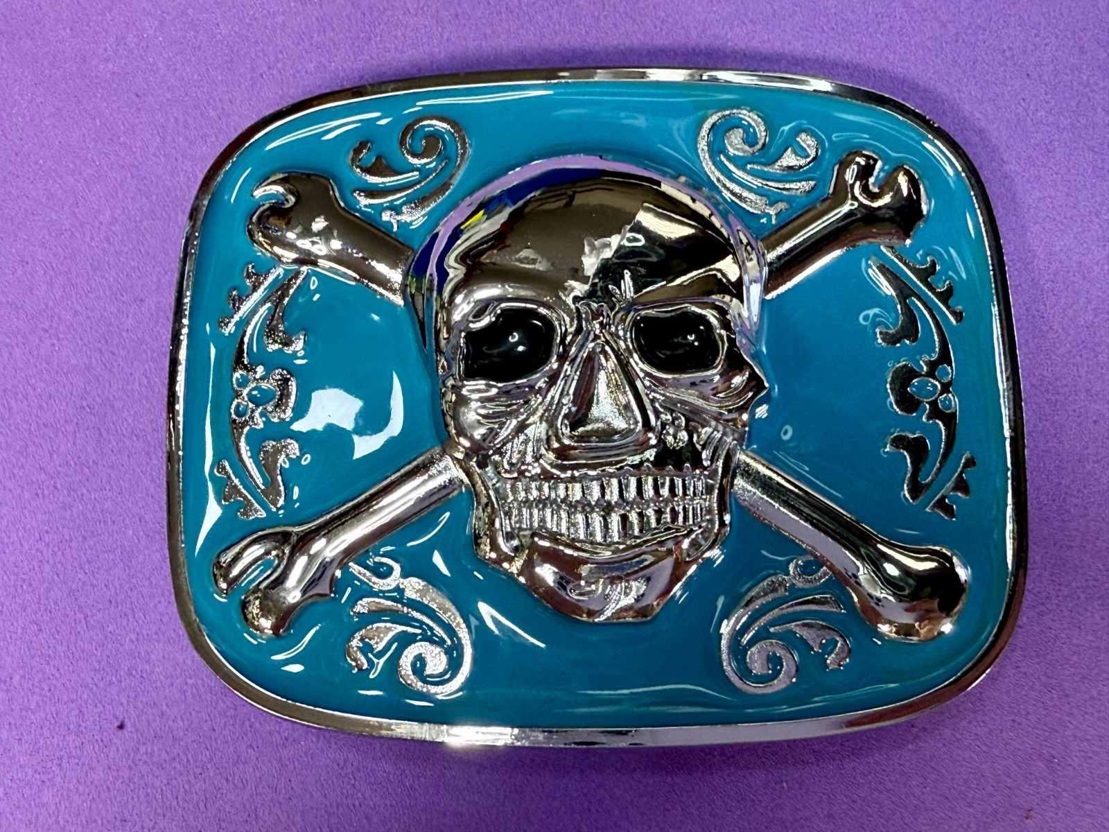 Jolly Roger Pirate Skull Head & Crossbones Blue Enamel Colored New Belt Buckle