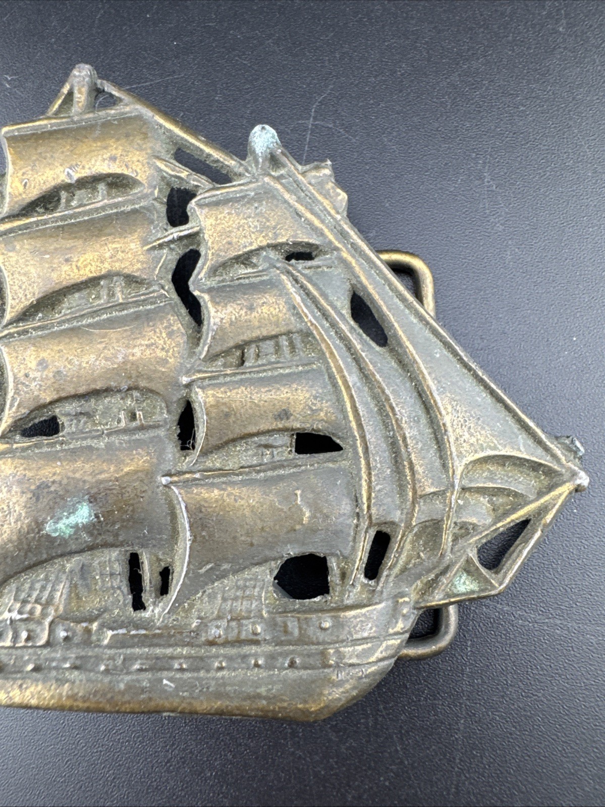 Vintage Brass Bronze Tone Metal Galleon Ship Clipper Nautical Belt Buckle Large