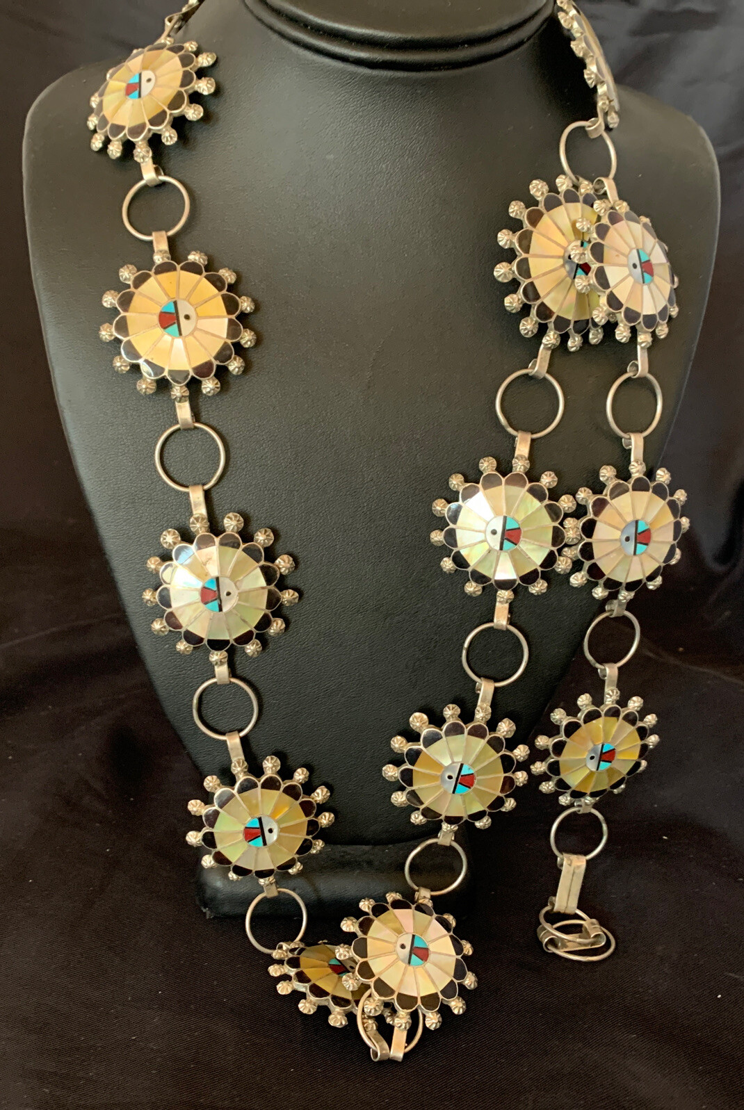 Turquoise & Onyx Zuni Sterling Silver Sun Face Inlay Old Pawn Belt 40&Prime; 12109