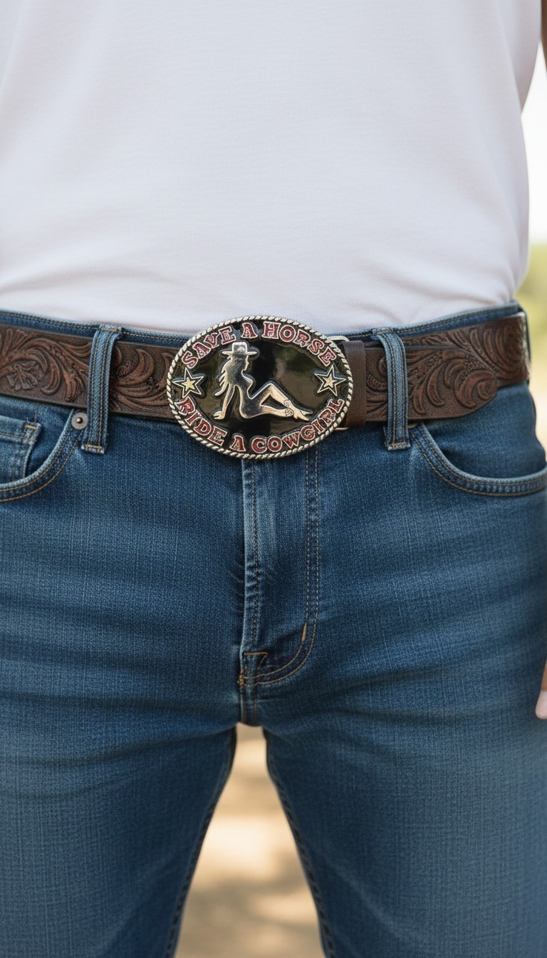 « Save A Horse Ride a Cowboy » Belt Buckle, 3.5&Prime;x2.5&Prime;, with Bottle Opener
