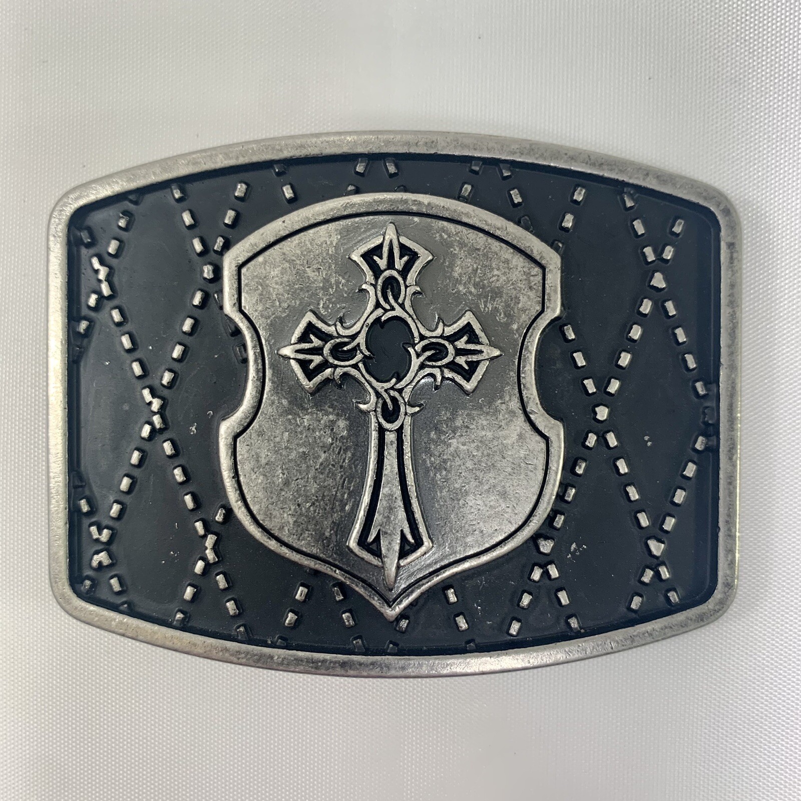 Pewter English Cross on a Shield w/ Black Background Belt Buckle 3-1/8” x 2-3/8”