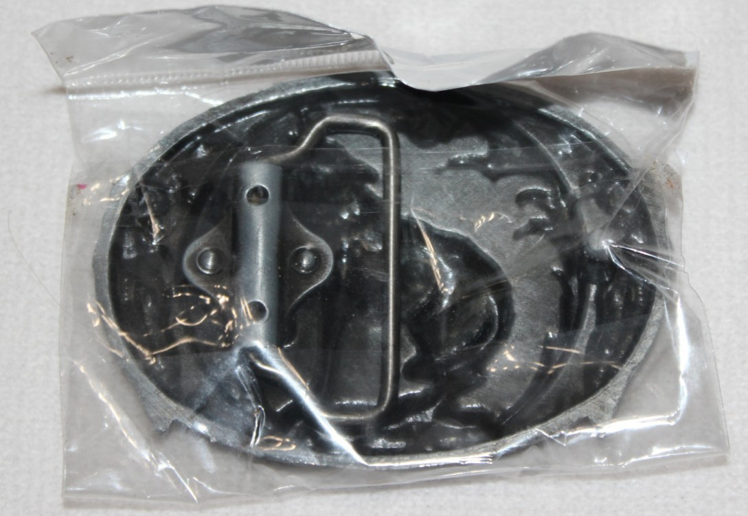 Howling Wolf & Feathers Belt Buckle Blue Acrylic Backing Brushed Silver New