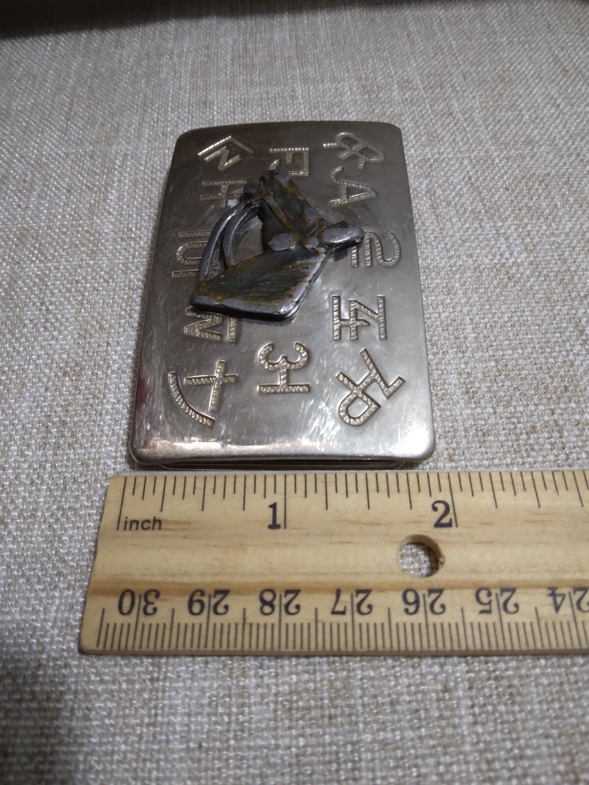 Vintage Chambers Belt Buckle, with a Horse Head and Brands, 3 inches x 2 inches