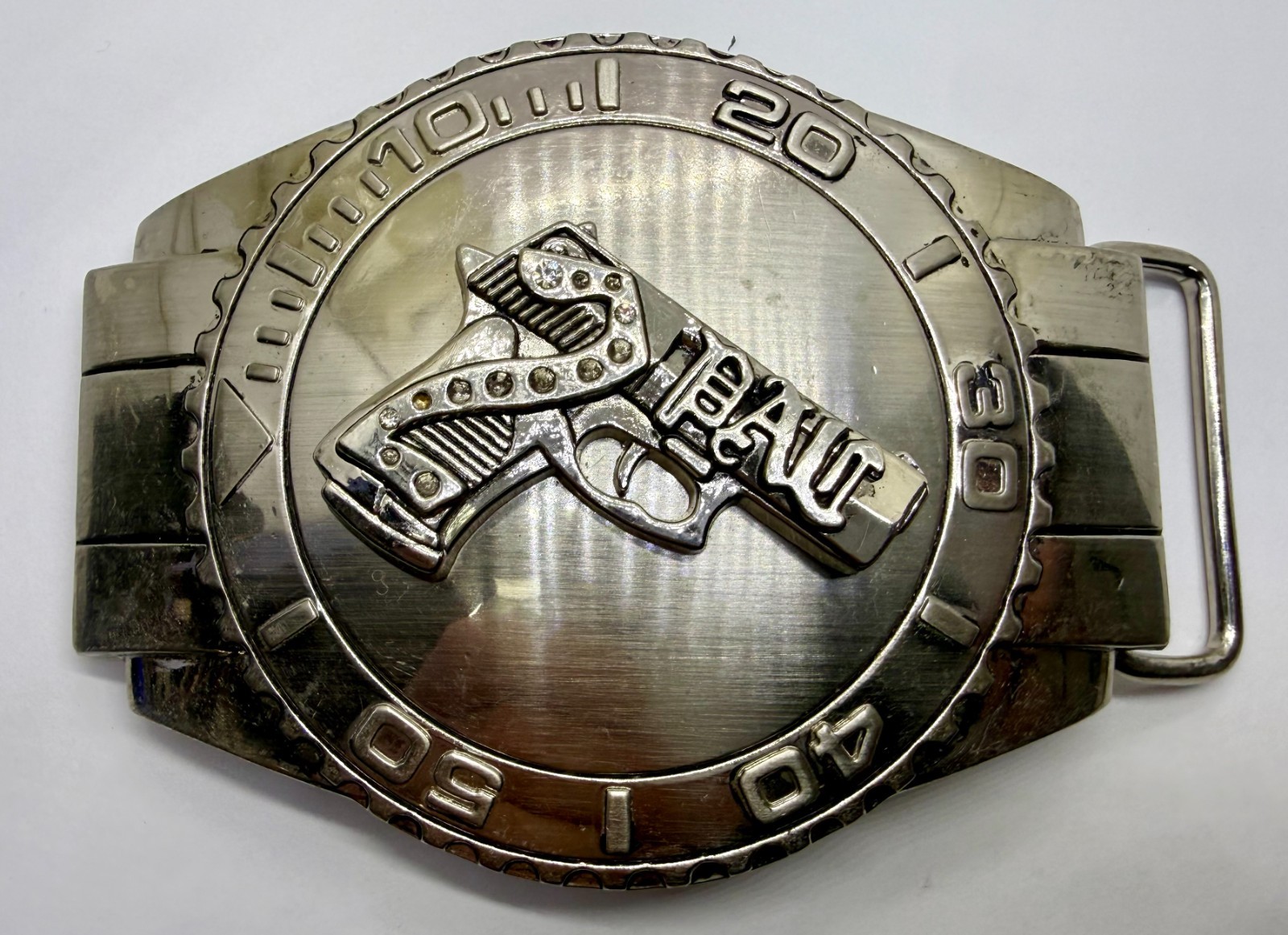 Dive Watch Style Shape Pistol Gun with Rhinestone Silver Color Large Belt Buckle