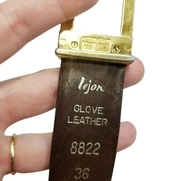 Vintage Lejon Glove Leather Belt Size 36 Brown Gold Buckle Square Pin Closure