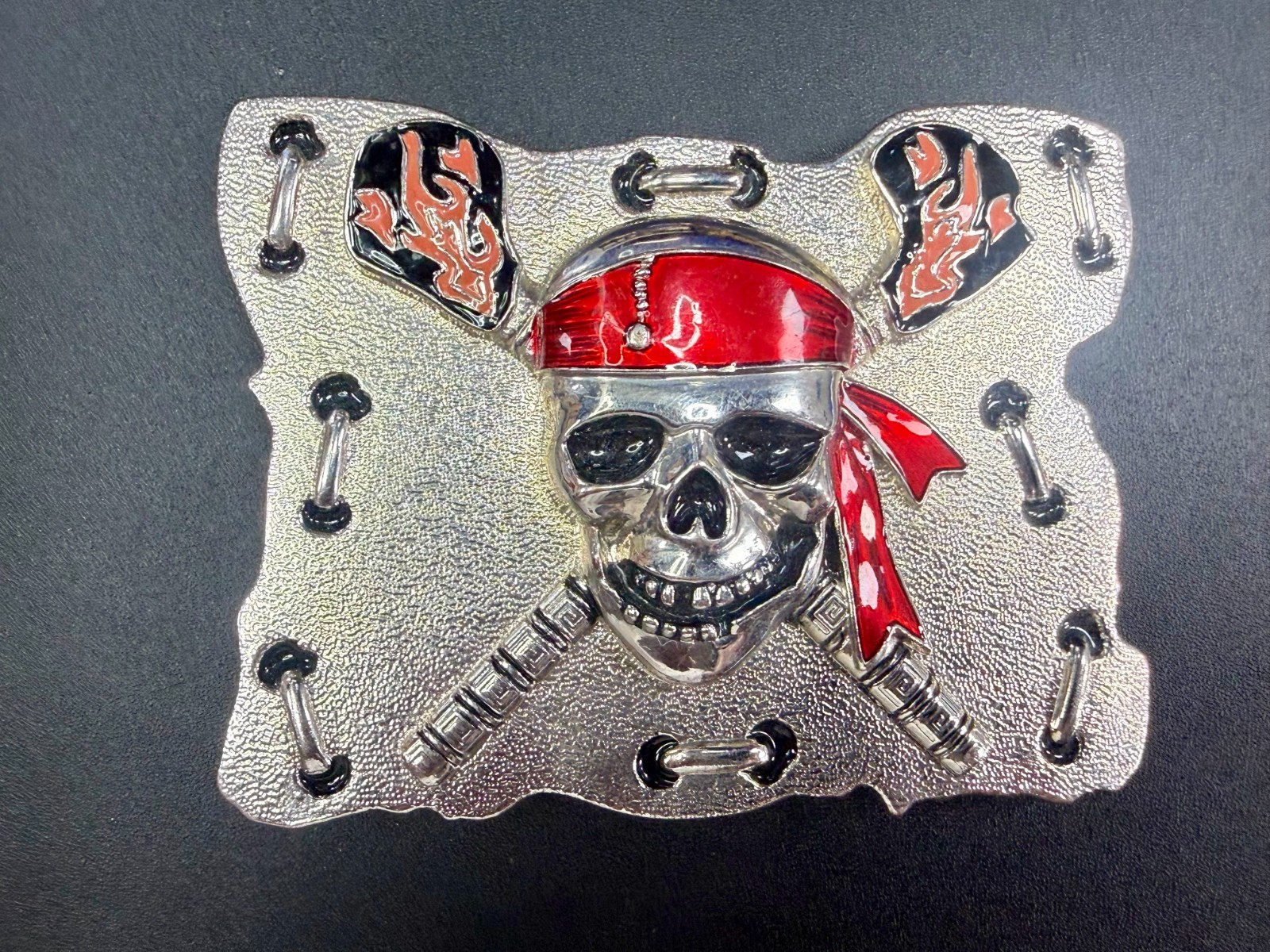 Raised Pirate Skull in Red Bandana Swords Gothic Punk Biker Vibe Belt Buckle