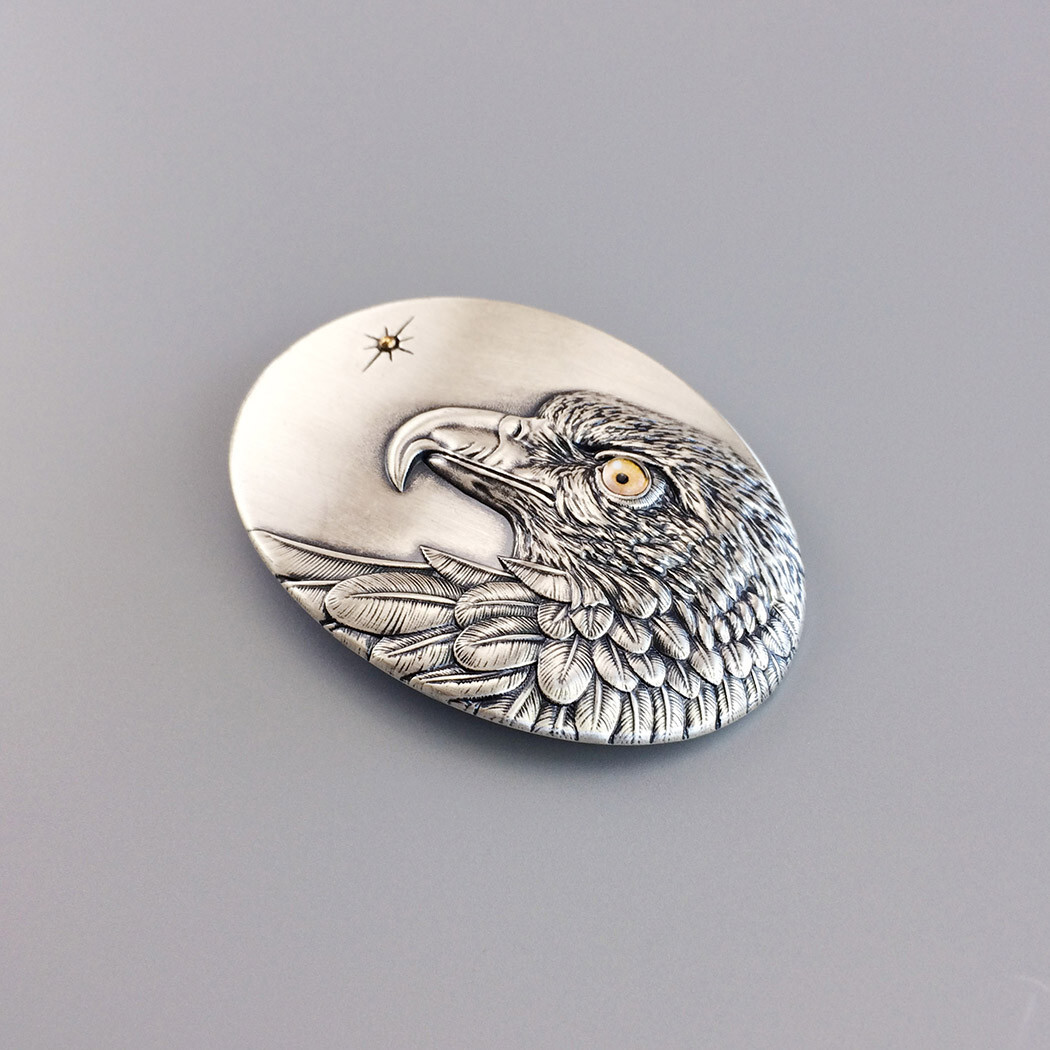 Vintage Silver Plated Oval Sun Eagle Belt Buckle With Yellow Eye