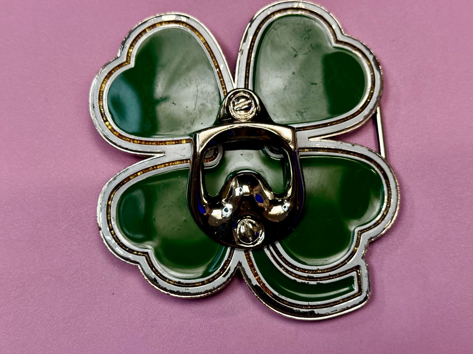 Lucky Four Leaf Clover Shamrock Green Silver Novelty Bottle Opener & Belt Buckle