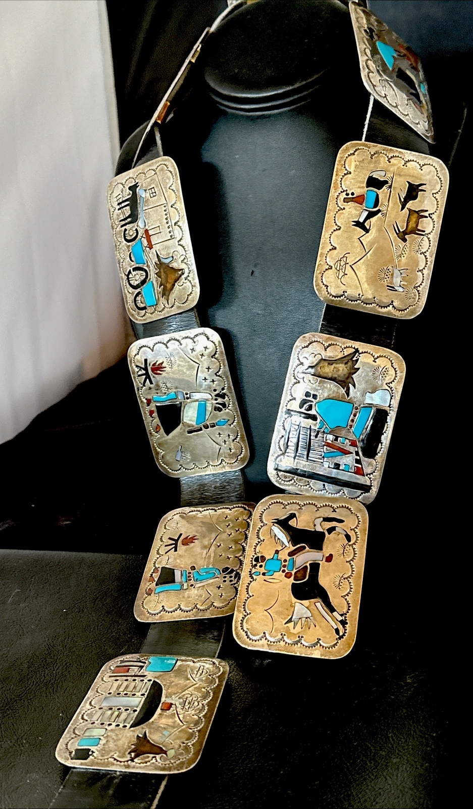 Turquoise Onyx Zuni Sterling Silver Sun Face Inlay Old Pawn Belt 40&Prime; 17406