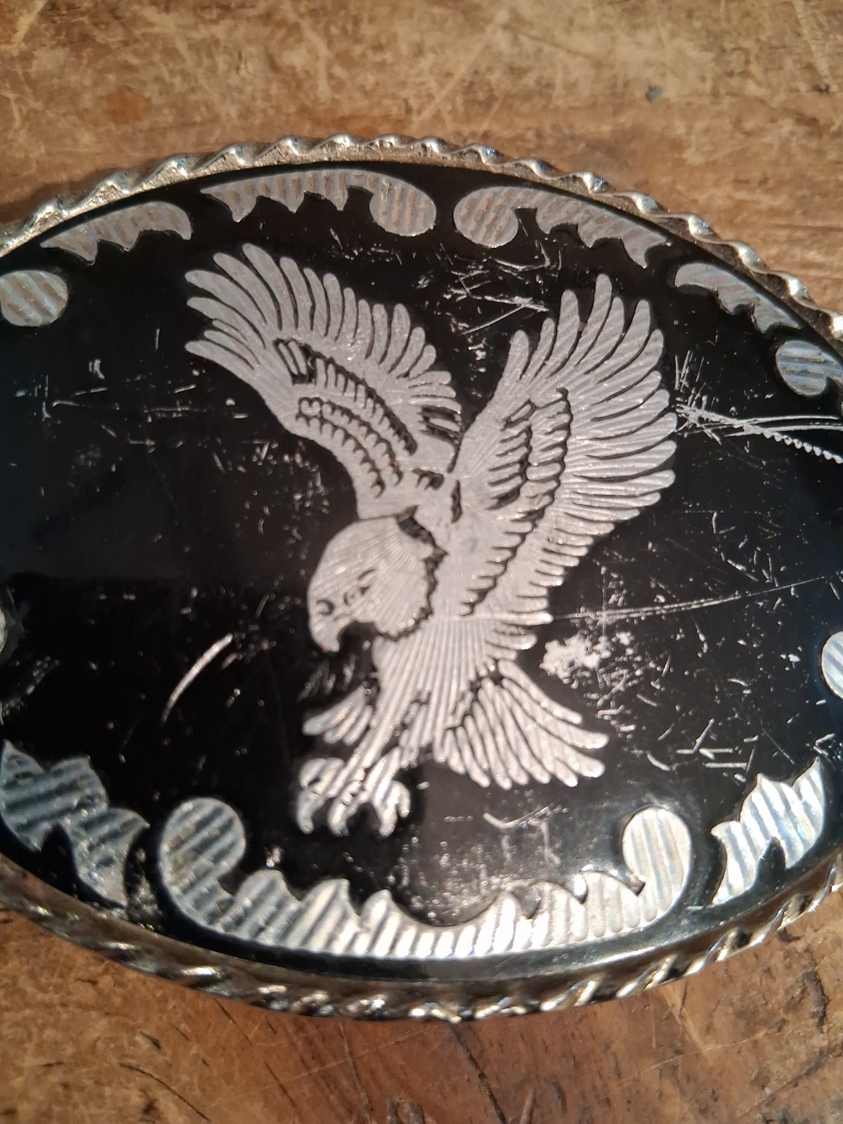 Vintage Eagle Belt Buckle Black Silver Tone Oval Rockmount