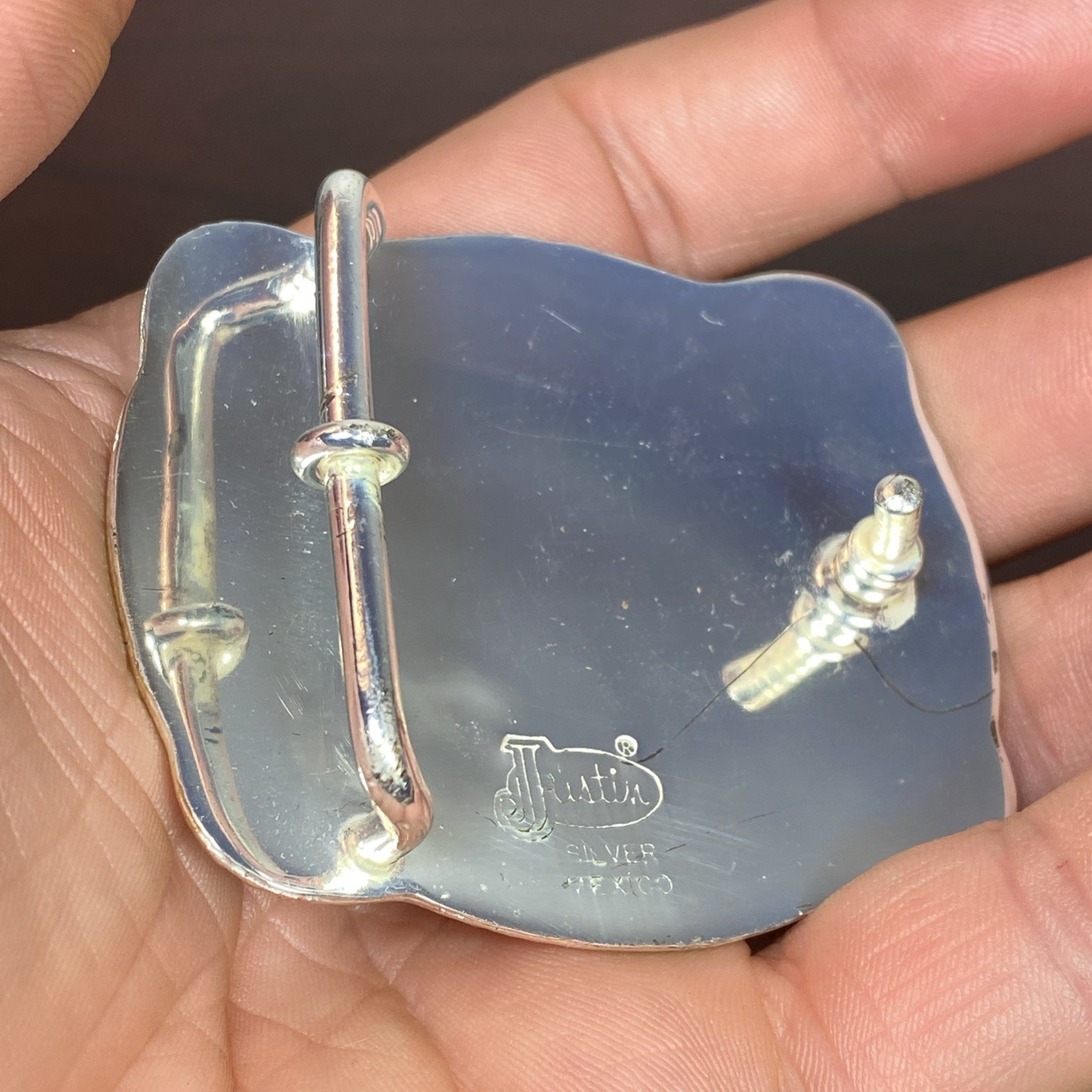 JUSTIN Silver Mexico Horse Head 2-5/8”x2-1/8” Belt Buckle SHINY GOLD SILVER Tone