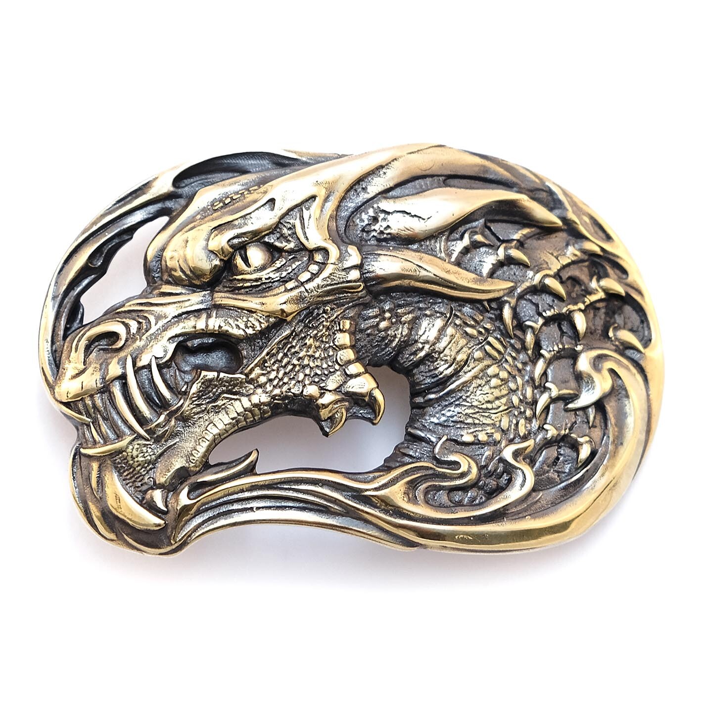 Dragon brass belt buckle Jormungands Head, Scandinavian Old Norse Jörmungandr