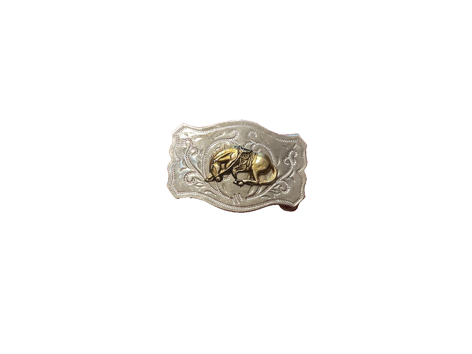 Vintage Western Style Chrome Belt Buckle with Applied Brass Bucking Bronco Horse