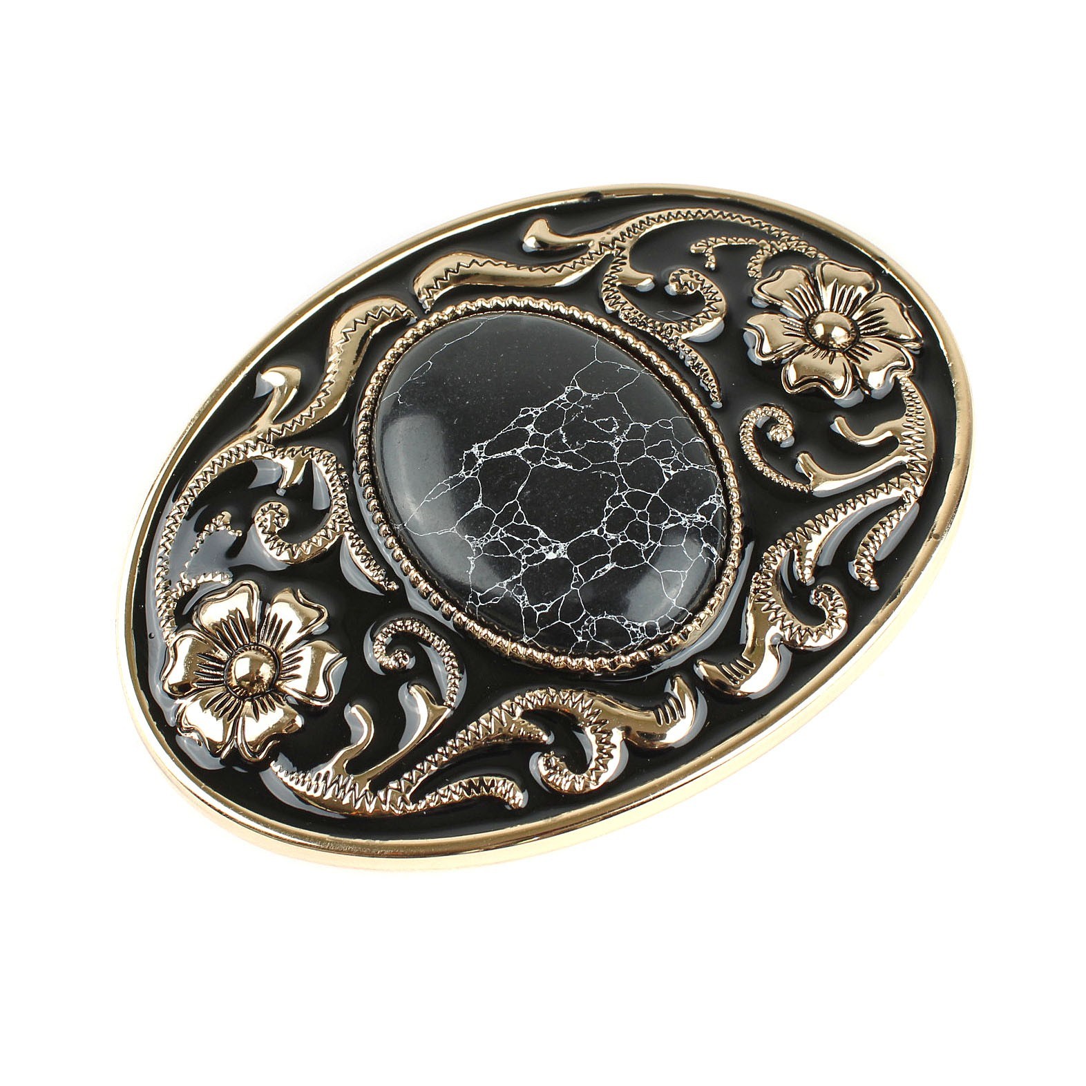 Western Belt Buckle Black Faux Oval Marble Stone Gold Floral Accents Enamel