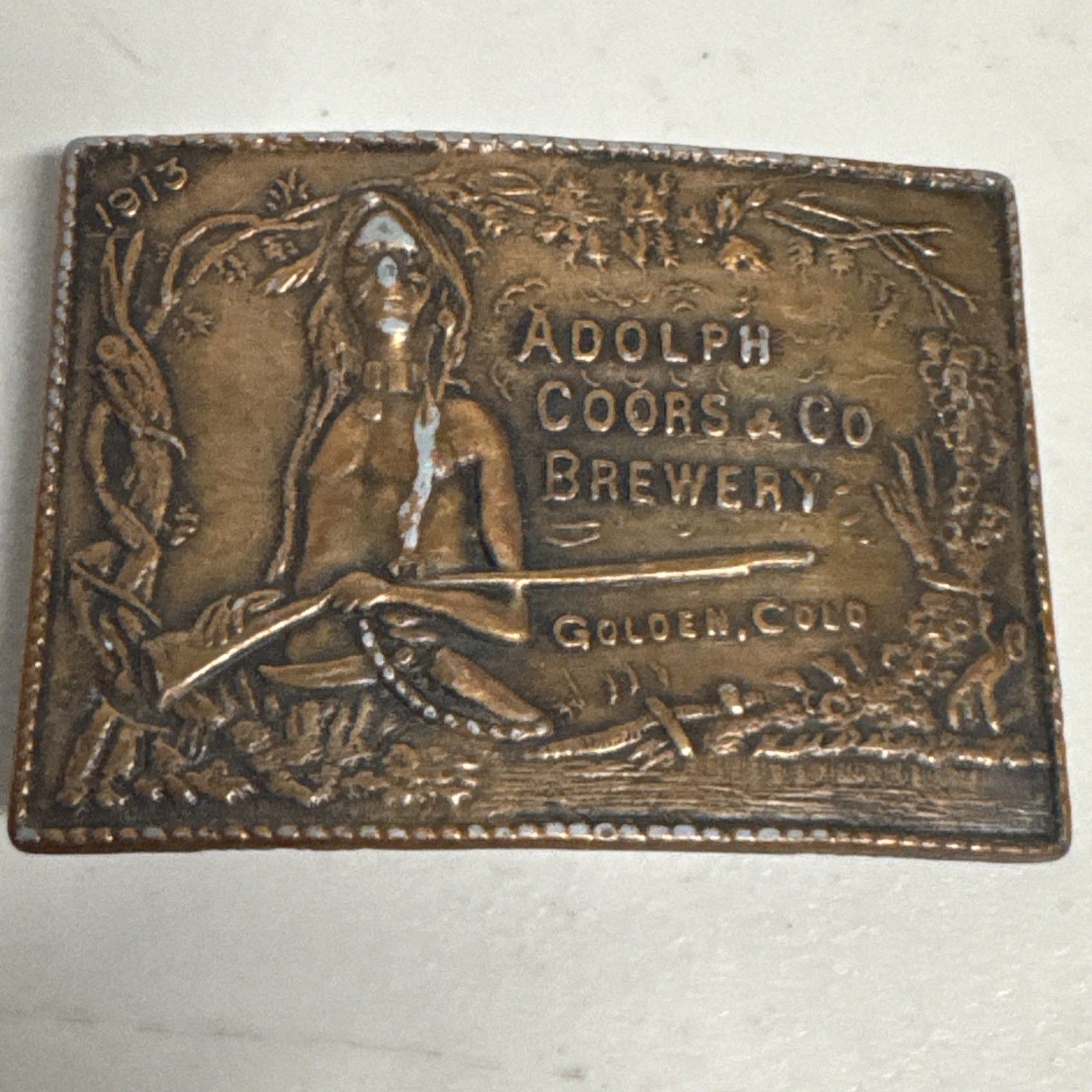 Vintage 1970s Brass Adolph Coors Beer Brewery Large Belt Buckle Native American