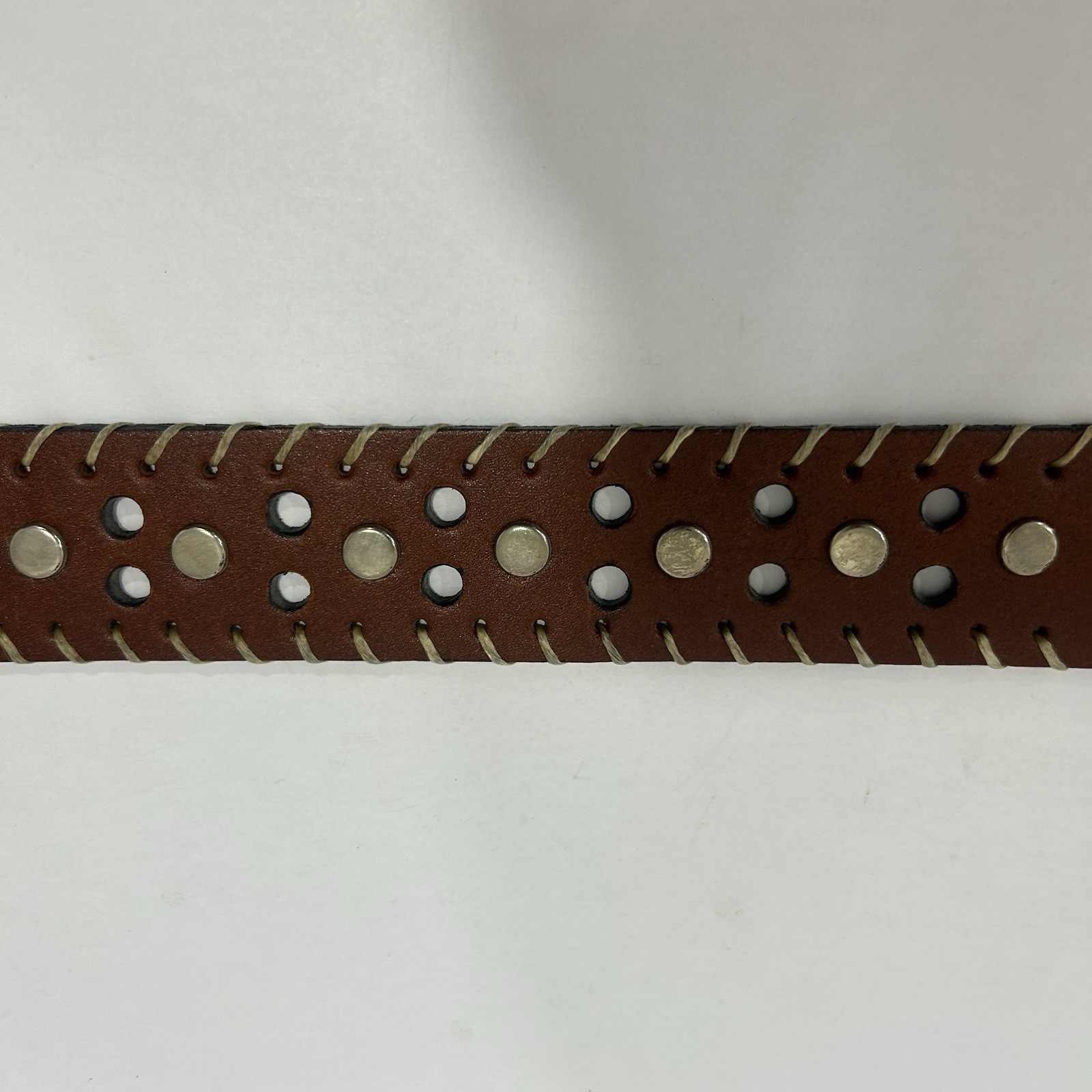 Studded Brown Belt Size 34 Buckle Double Prongs Stitched Western Cowboy Theme