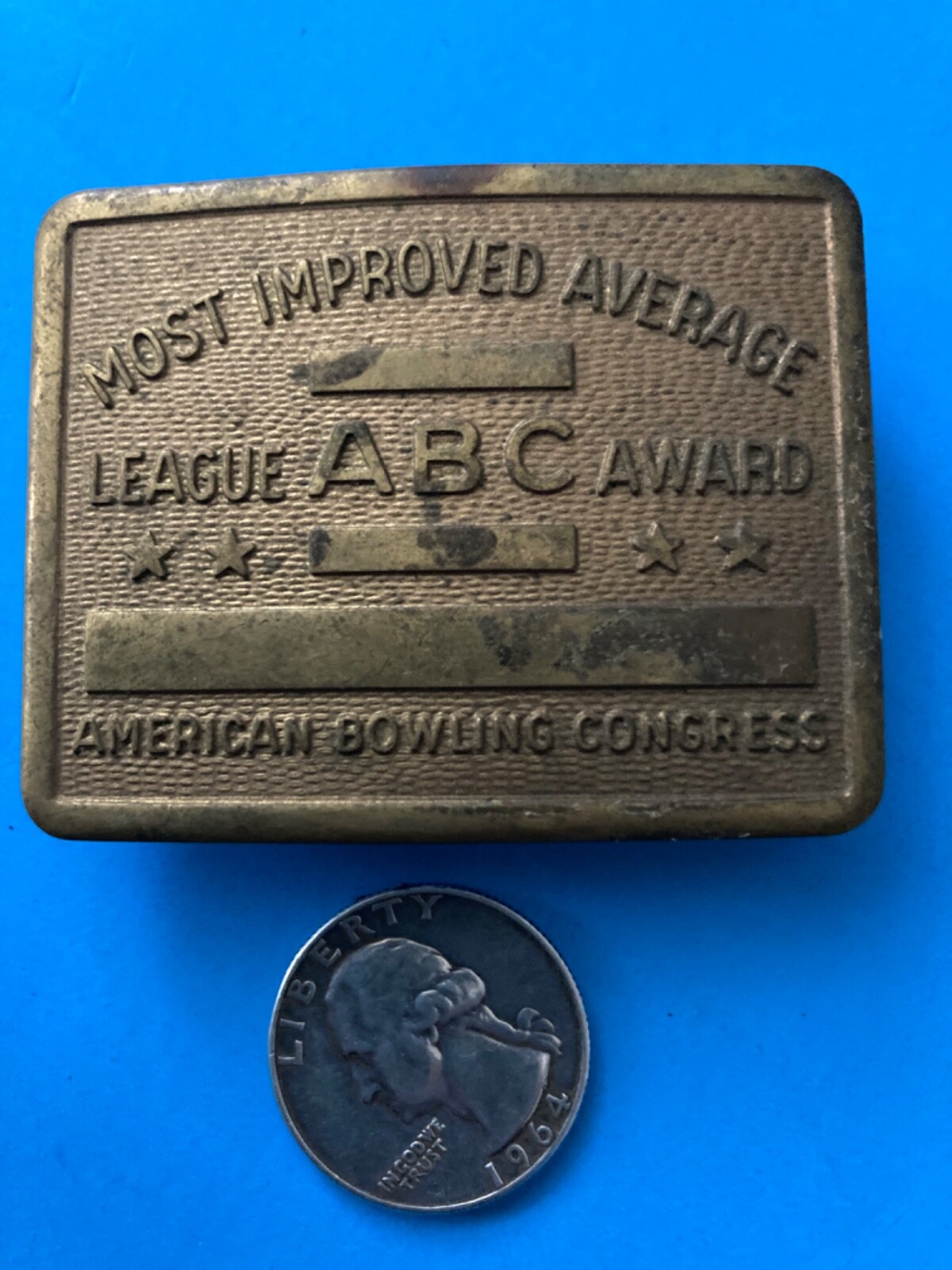 SOLID BRASS ABC Award Most Improved Average Belt Buckle American Bowling Congres