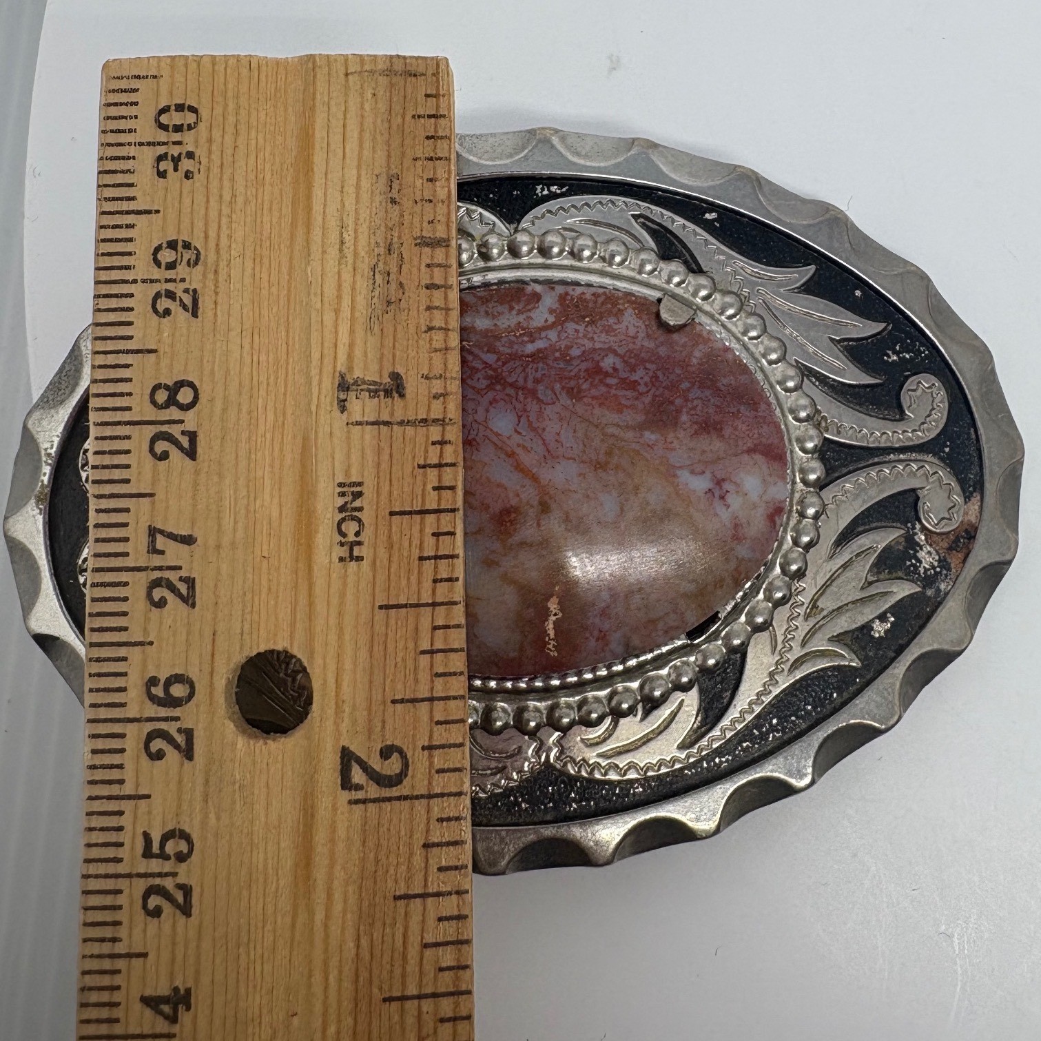 Western Interchangeable Stone Belt Buckle Silver Tone Agate Jasper 3.5in
