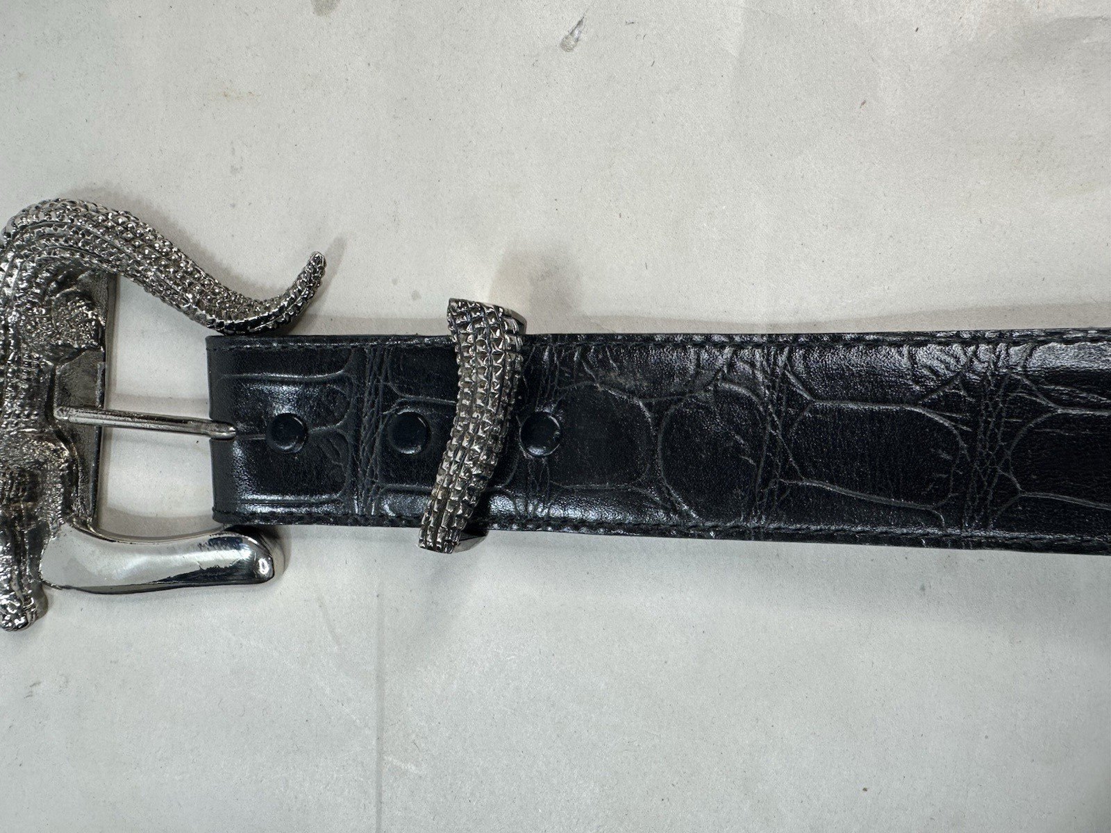 Vintage Large Silver Alligator Buckle and Black Alligator Belt Size S Small