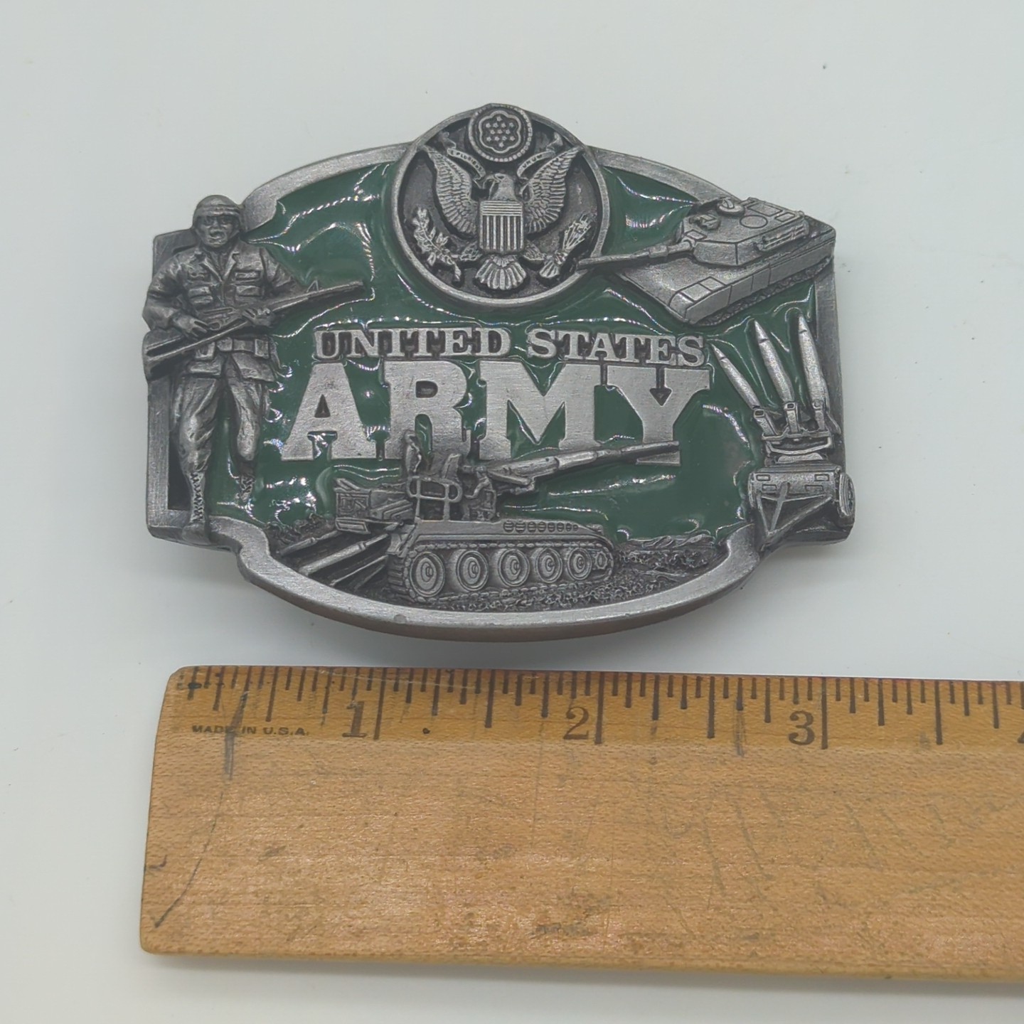 Vintage 1987 US Army Siskiyou J-50 Heavy 80s Belt Buckle Green Accent Tanks