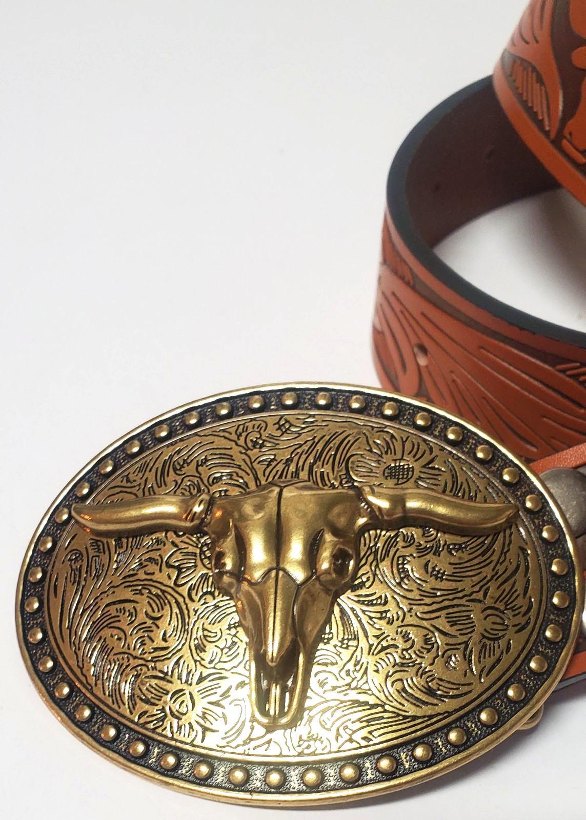 Western Belt 38 Longhorn Skull Oval Buckle Rust & Brown Stamp Synthetic Leather